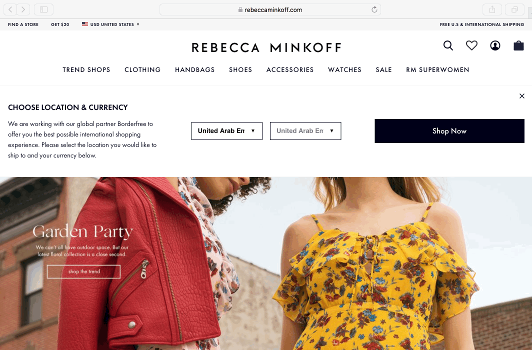 Nearly any currency in the world is available to shop through on Rebecca Minkoff's sites.