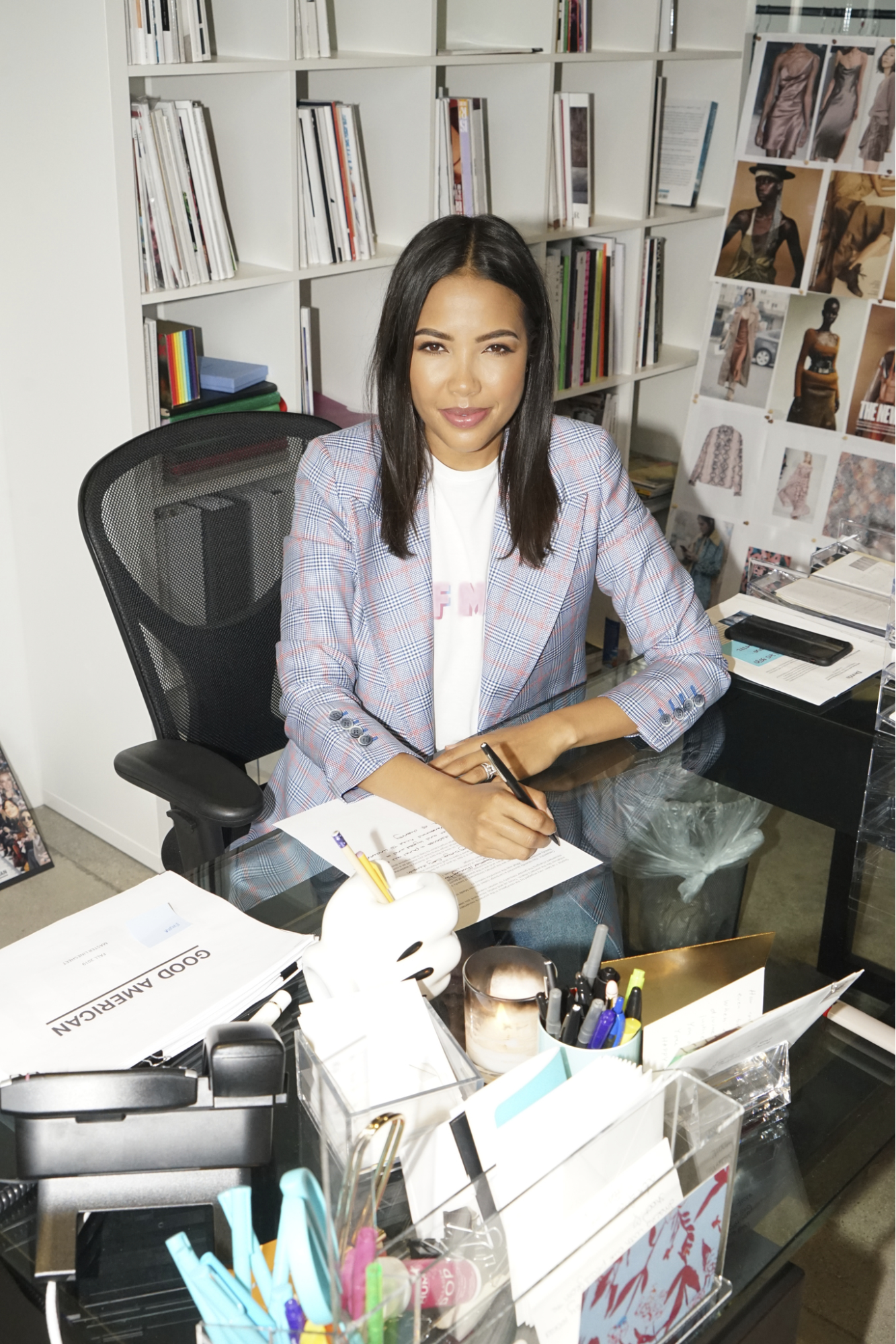 Good American co-founder and CEO Emma Grede at her desk in Los Angeles.