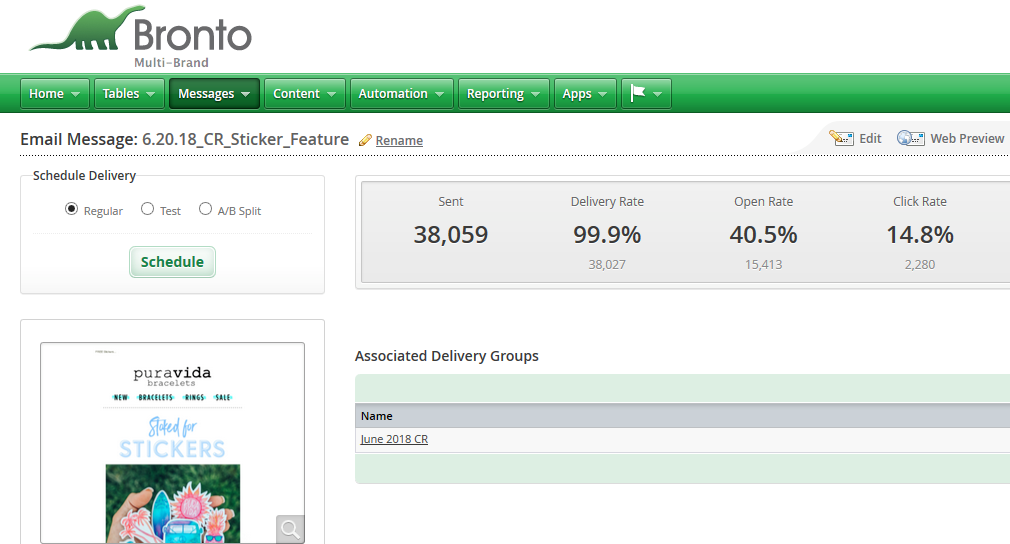 Dashboard of Bronto email marketing ecommerce tool