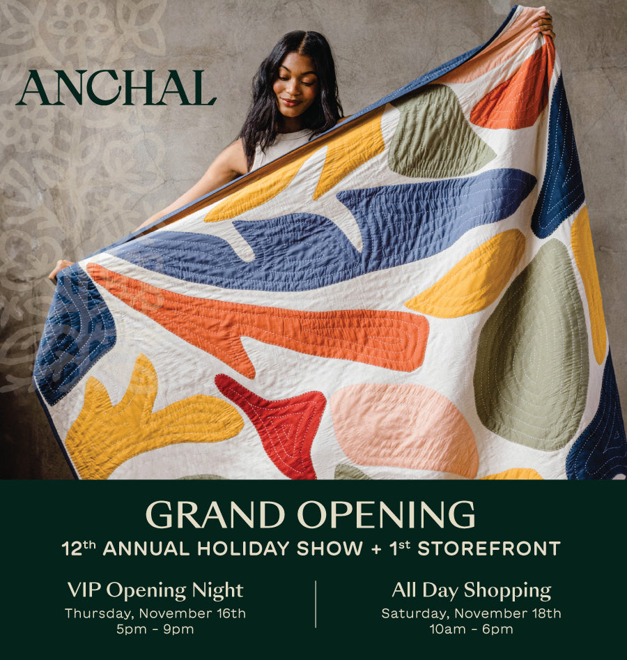 Anchal Grand Opening & Annual Holiday Show featuring a model holding the Anchal Petal Quilt