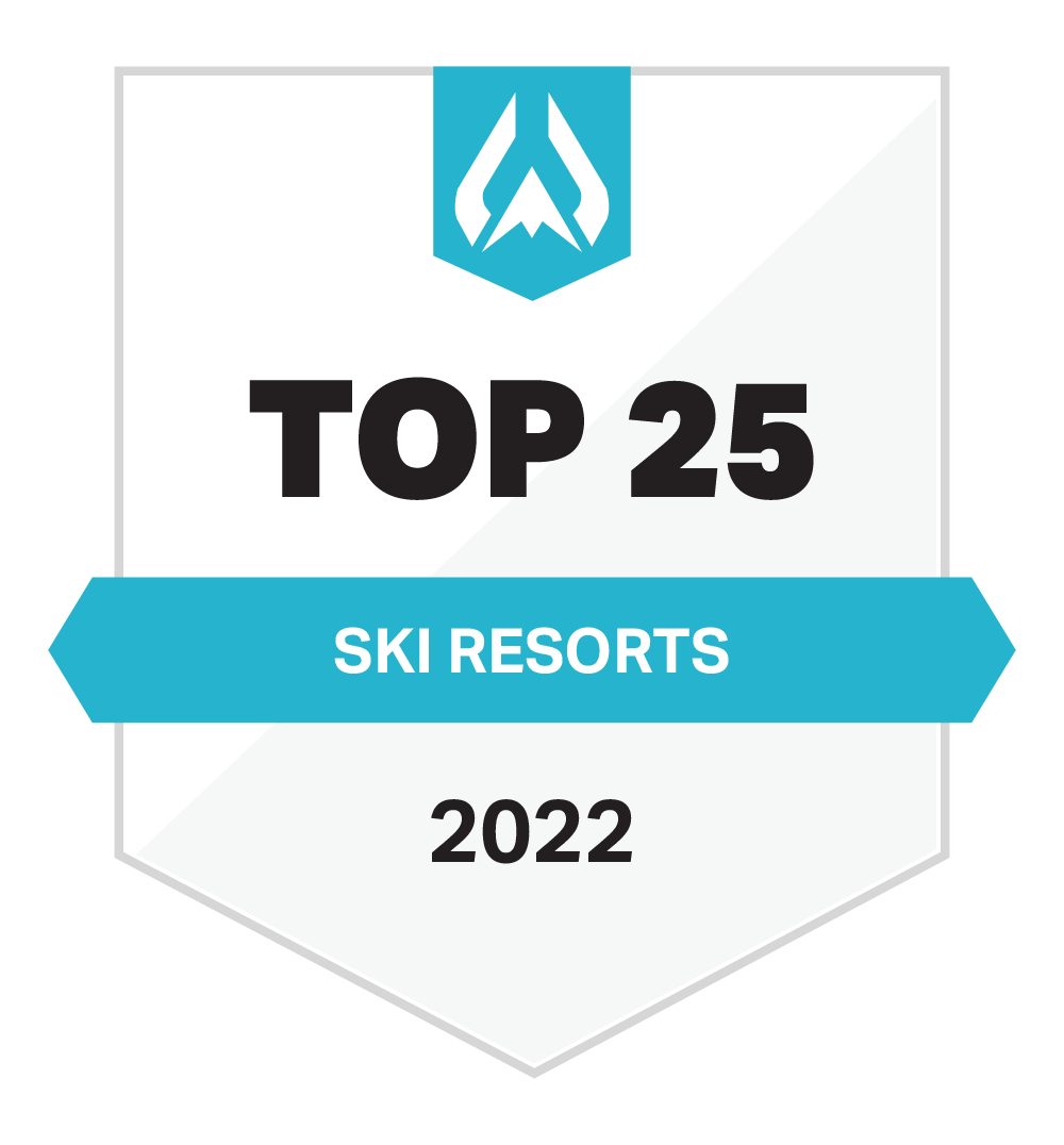 Blue and white badge with top 25 ski resorts written on it