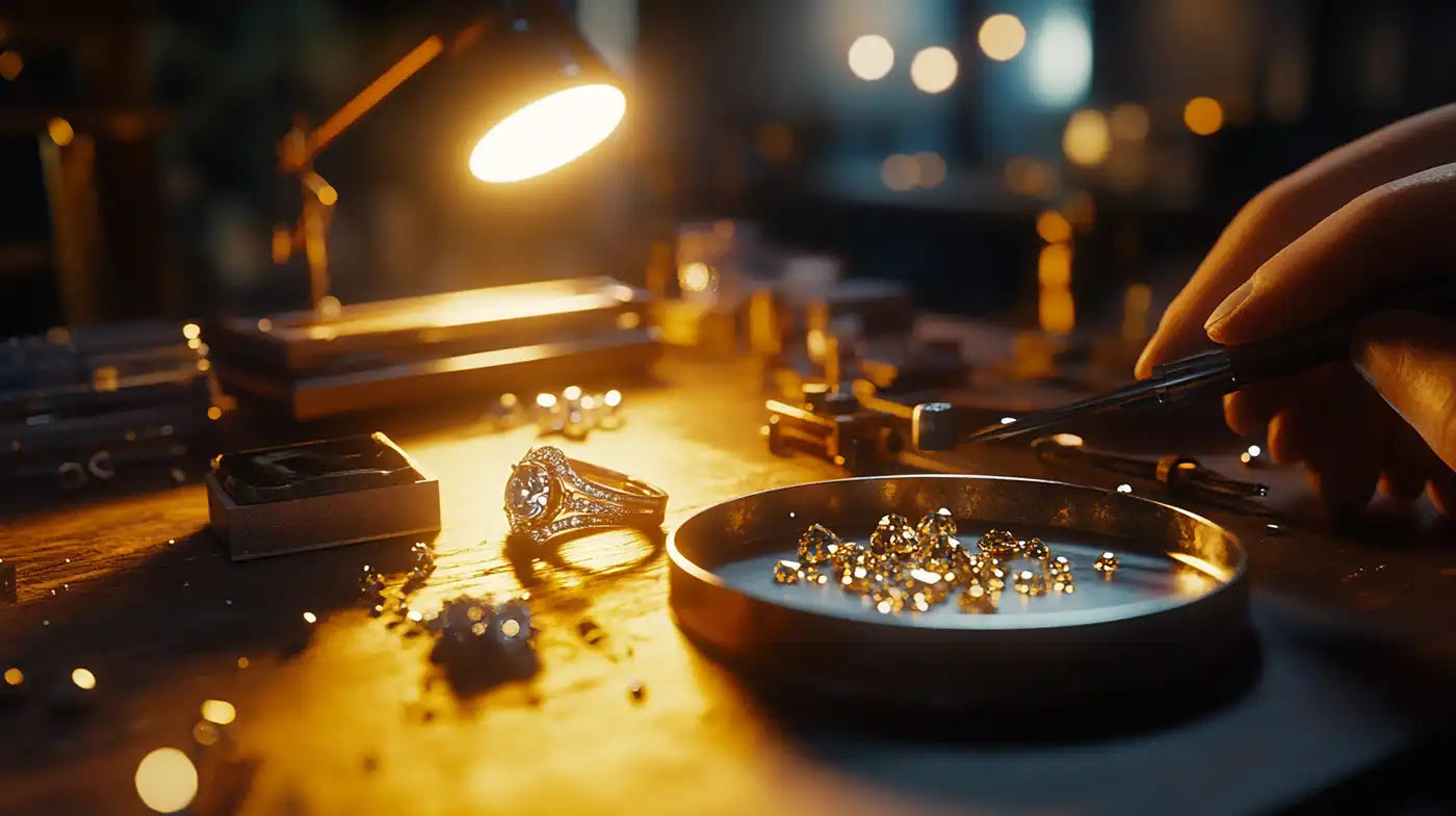 Un artisan joaillier en train de sertir minutieusement des diamants sur une bague en or dans un atelier raffiné, sous une lumière tamisée. La Joaillerie Rive Gauche sublime chaque création grâce à un savoir-faire d’exception en haute joaillerie.