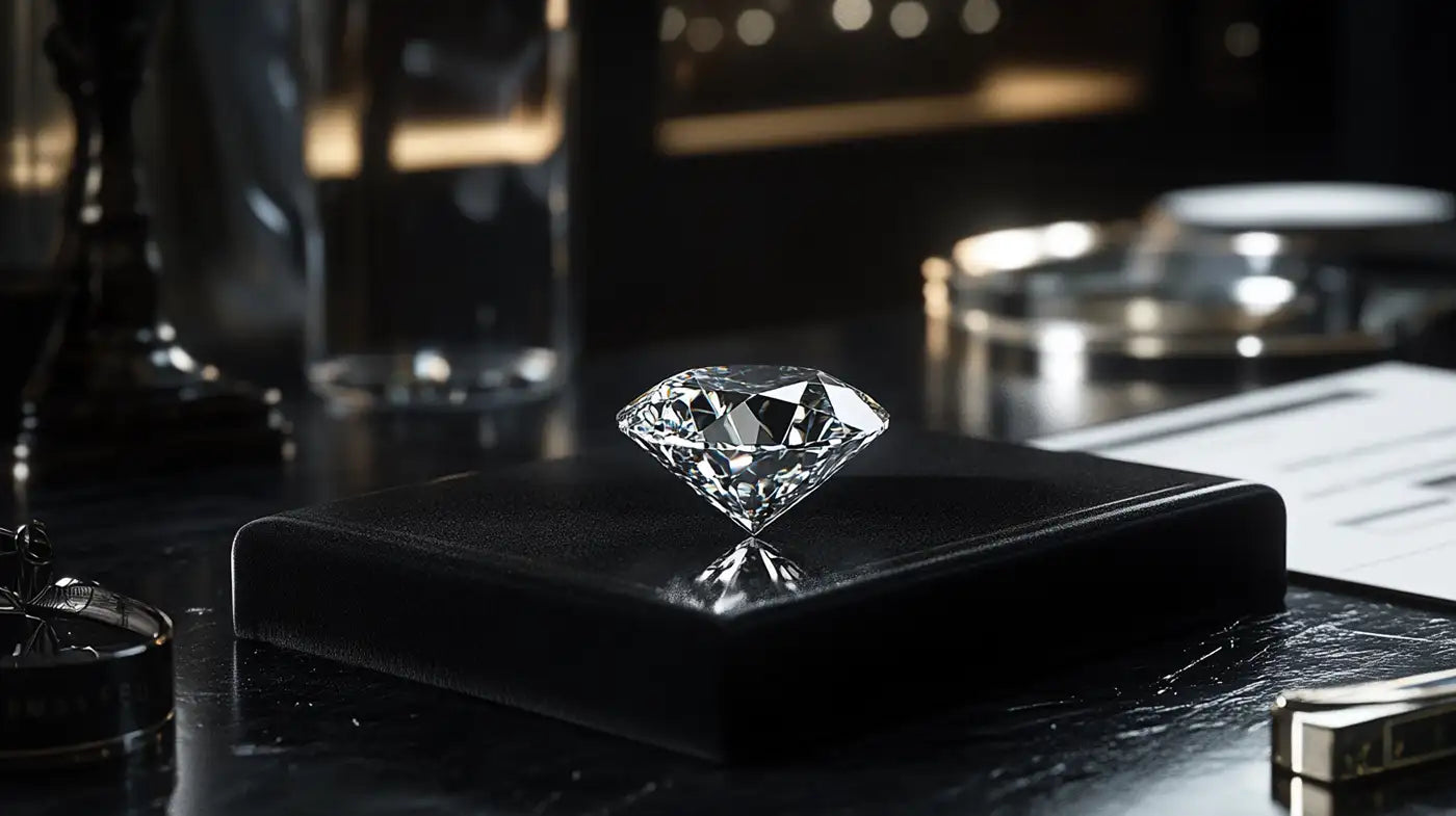 Gros plan sur un diamant taille brillant posé sur un écrin en cuir noir, reflétant l’excellence et la pureté. Découvrez pourquoi le diamant reste un choix incontournable pour un investissement sécurisé avec La Joaillerie Rive Gauche.