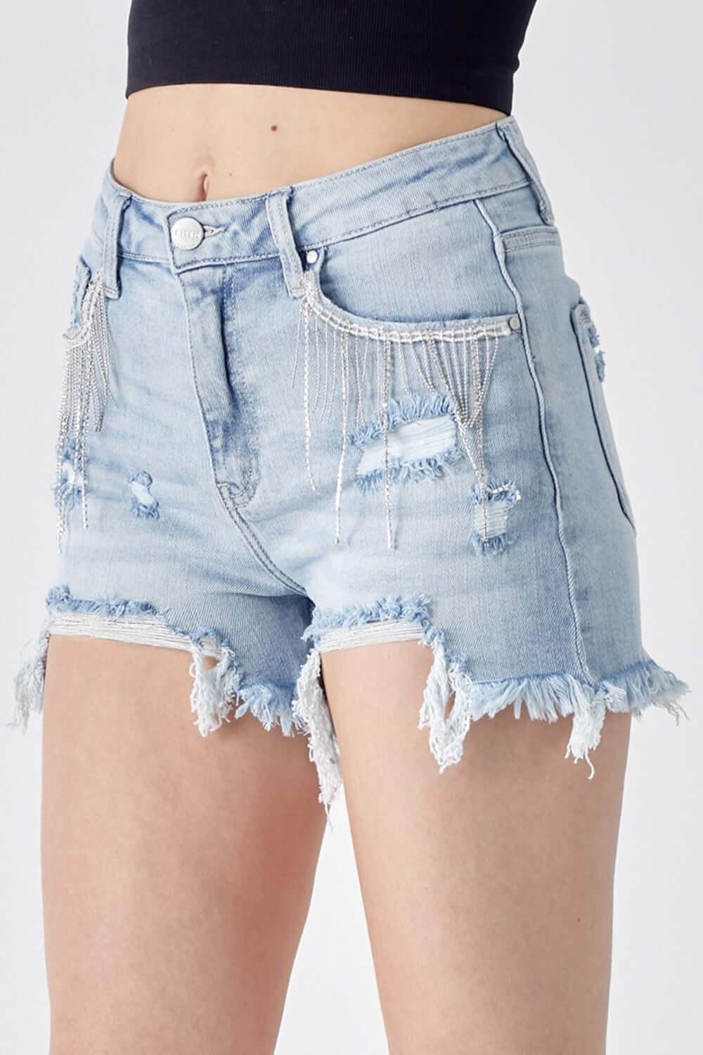 RISEN Frayed Hem Denim Shorts with Fringe Detail Pockets - Picture 8 of 8