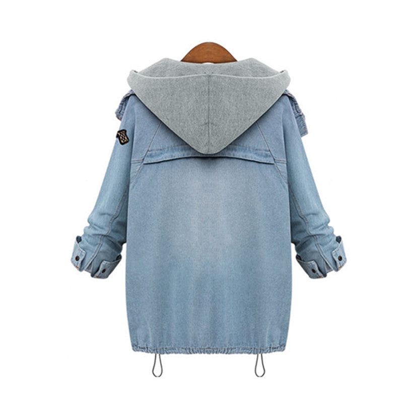 Women Two Piece Set Denim Jacket Hooded Coat Plus Size Oversized Casual Women Coat Outwear Light Blu