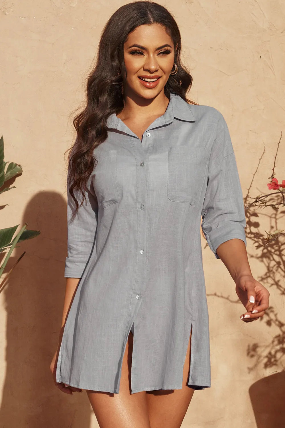 Button-Up Longline Shirt with Breast Pockets Trendsi