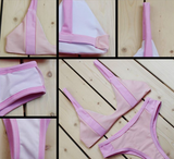 Fashion women Splicing  skin color with pink straps two piece bikini