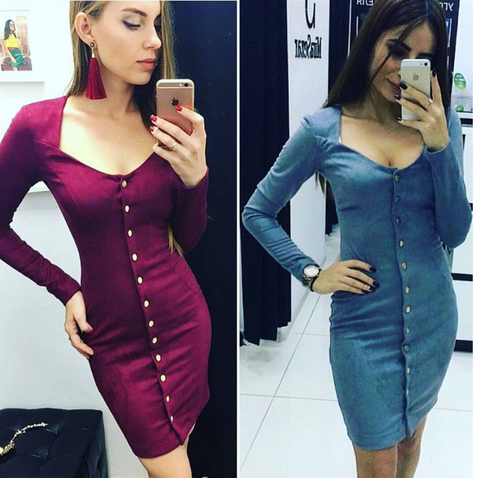 Sexy low-cut tight button suede long-sleeved women's dress