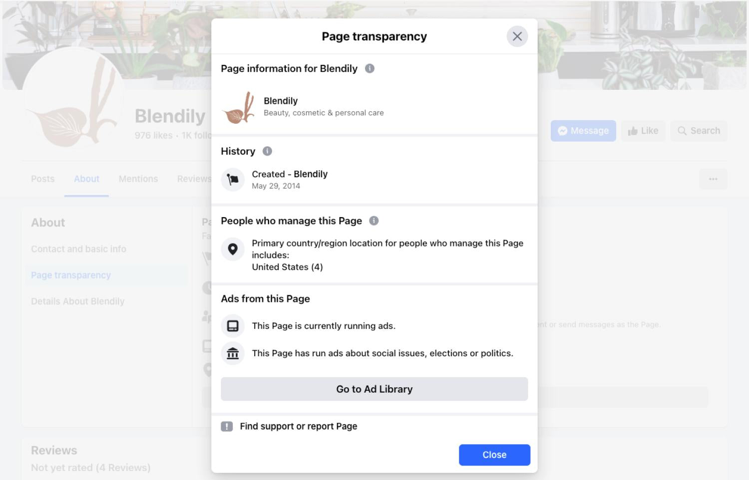 ภาพหน้าจอของหน้าความโปร่งใสของเพจ Blendily ภายในเพจธุรกิจบน Facebook