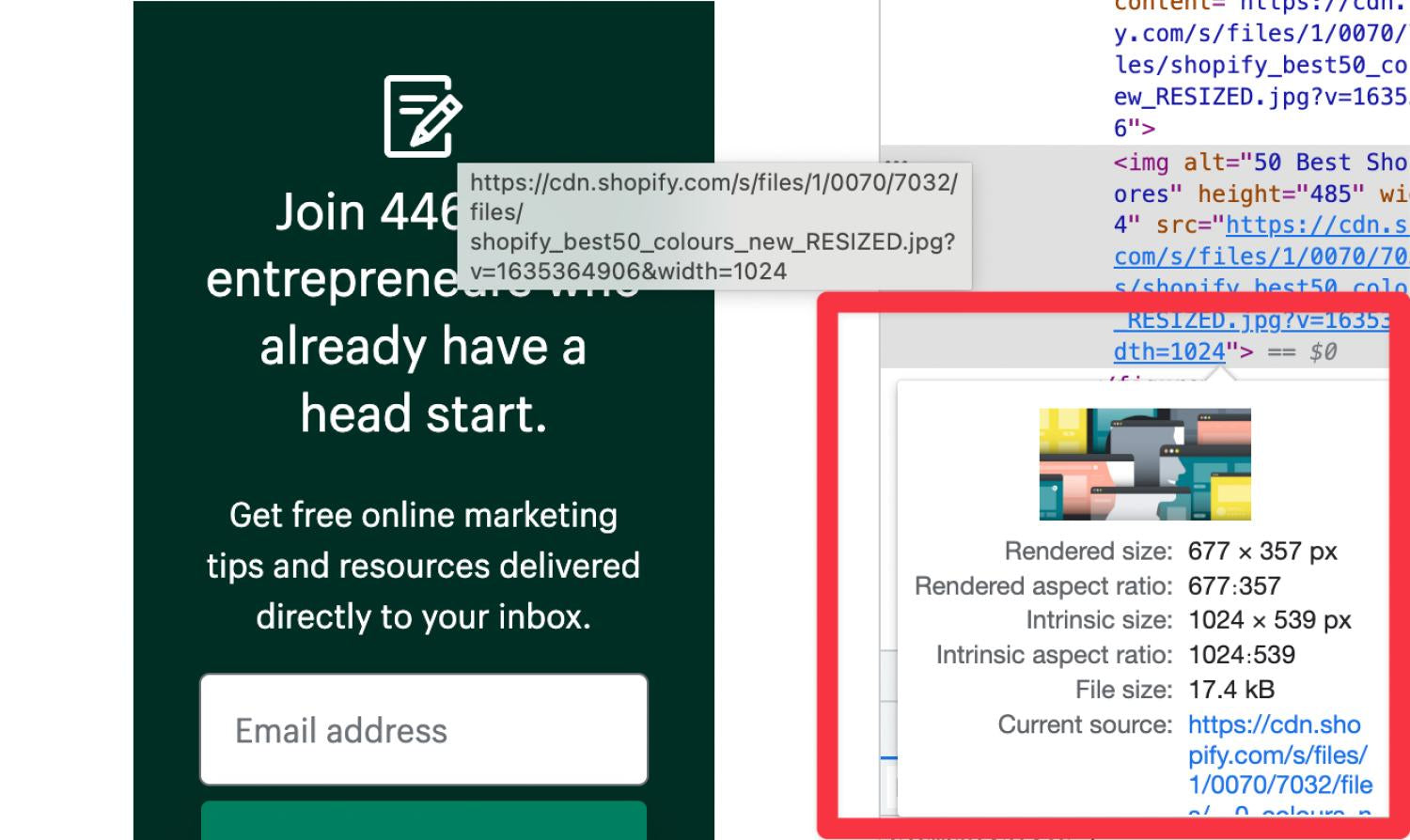 แท็บ Inspect ของเบราว์เซอร์แสดงข้อมูลภาพ เช่น อัตราส่วนและขนาดไฟล์