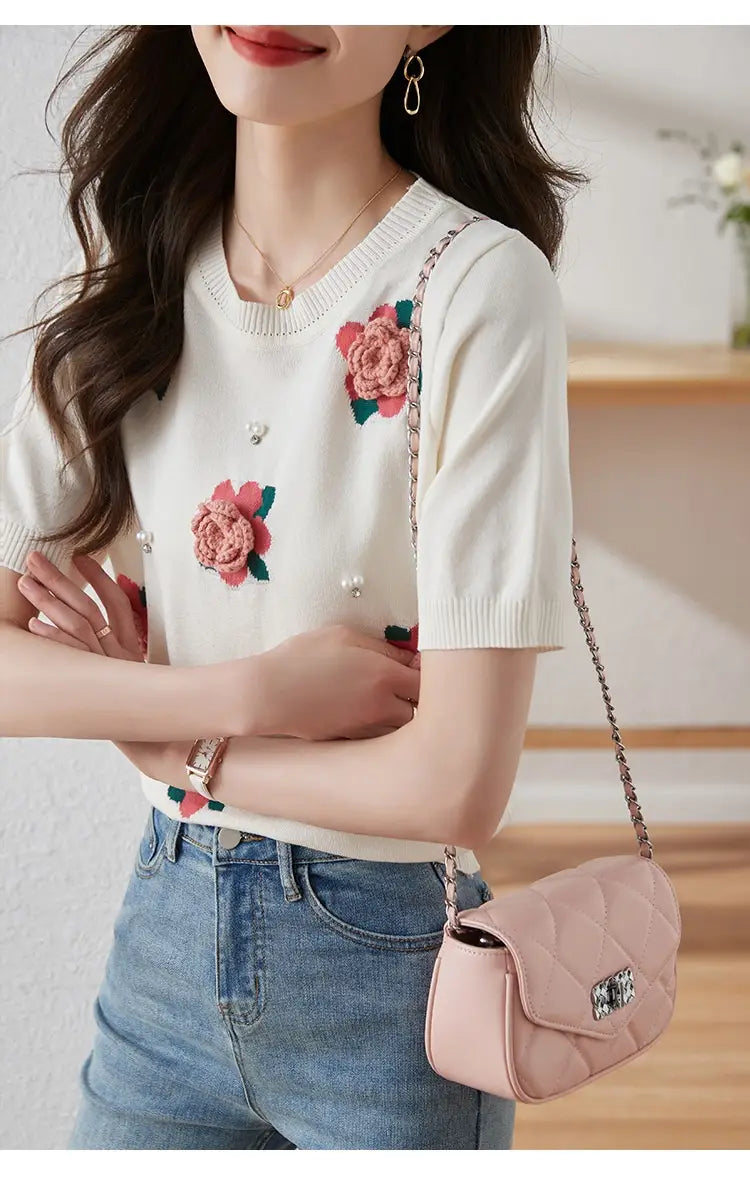 Dreamy Korean Rose Beaded Puff Sleeve Sweater – Romantic Chic Style for Lovers & Soulmates | same ANTHEM
