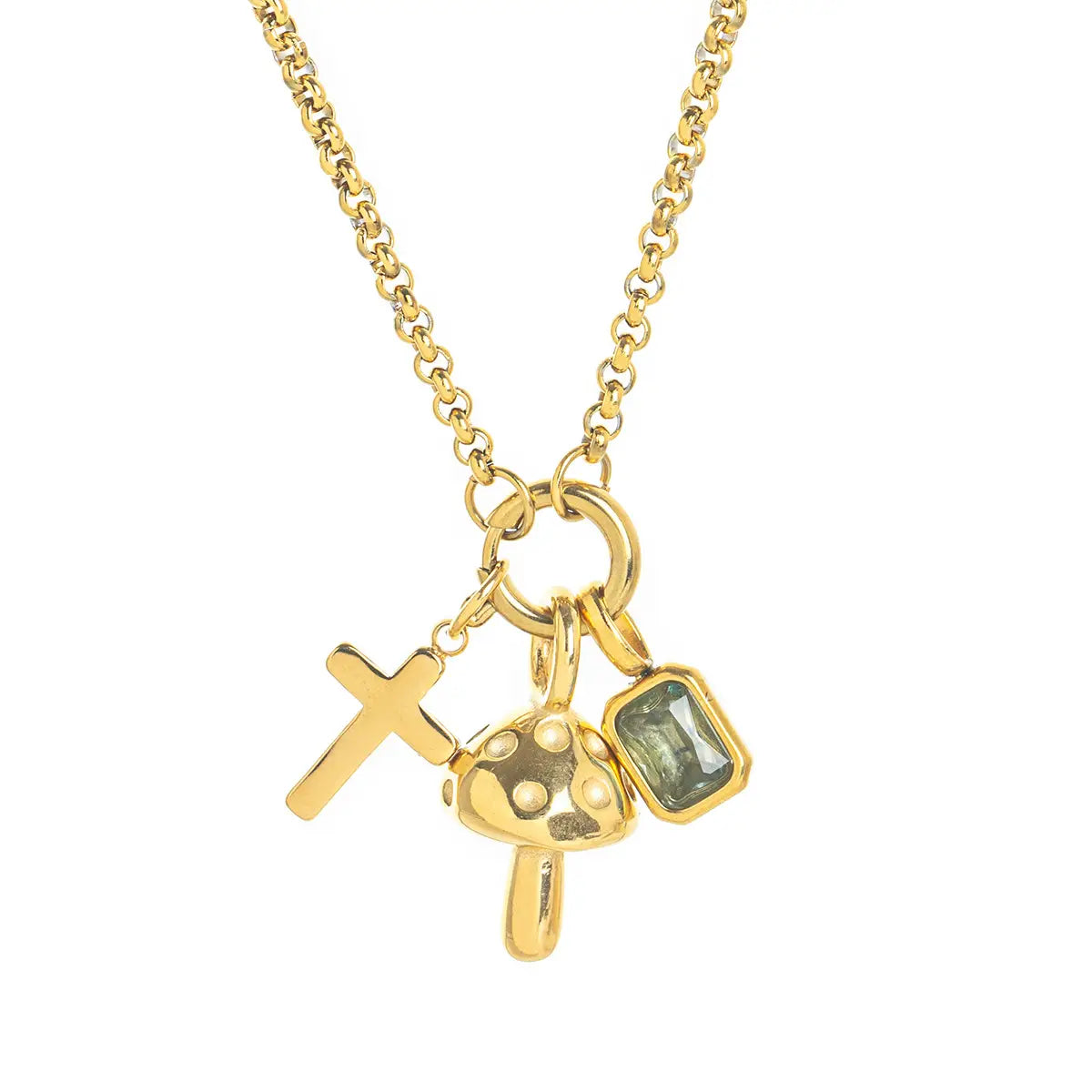 Chic Stainless Steel Cross & Mushroom Pendant Zircon Necklace | Boho Romantic Jewelry | same ANTHEM