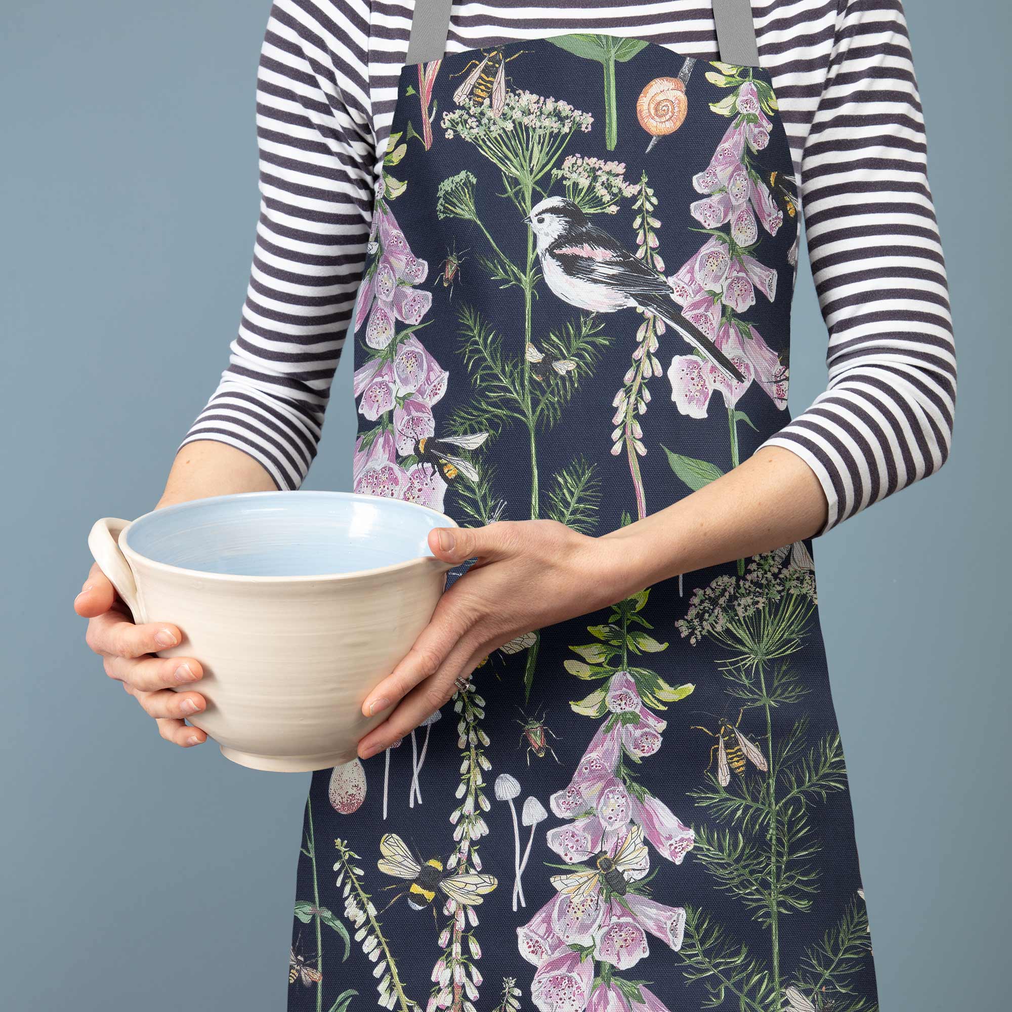 longtail tit and foxglove baking apron