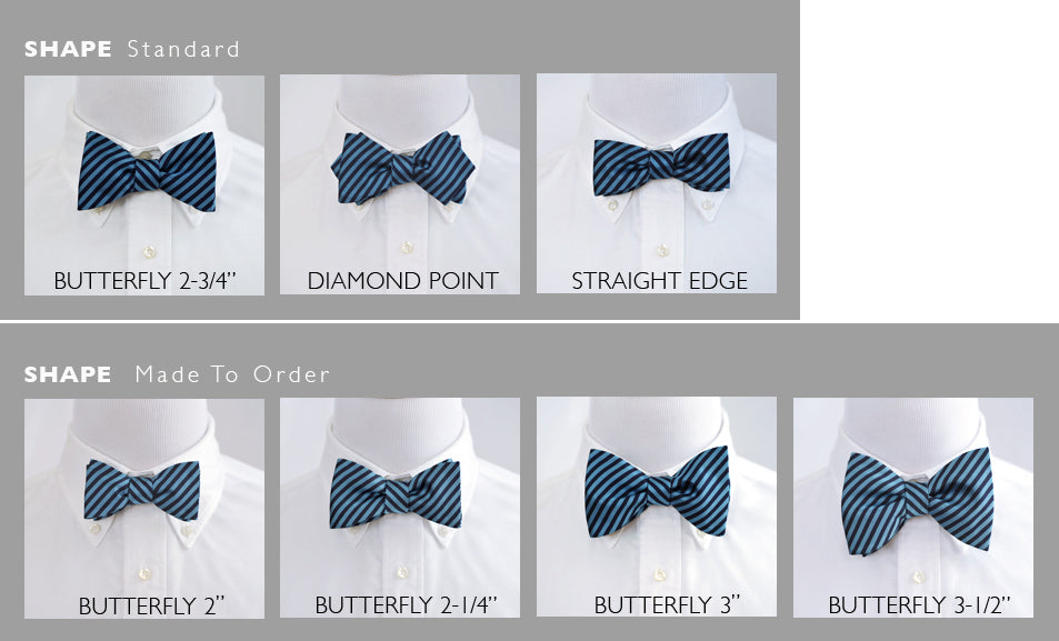 Custom bow ties in 7 shapes made in freestyle, pre-tied or clip-on