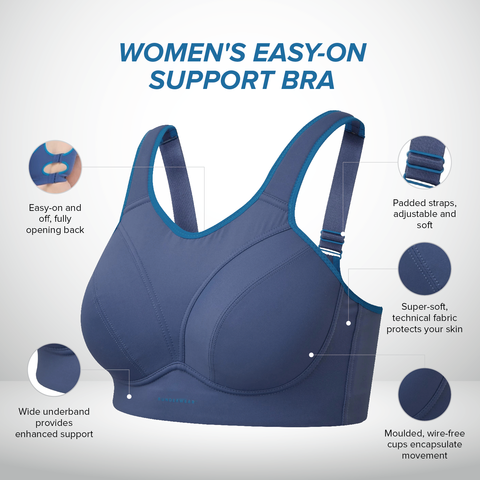 An encapsulating sports bra in which each breast is supported by a