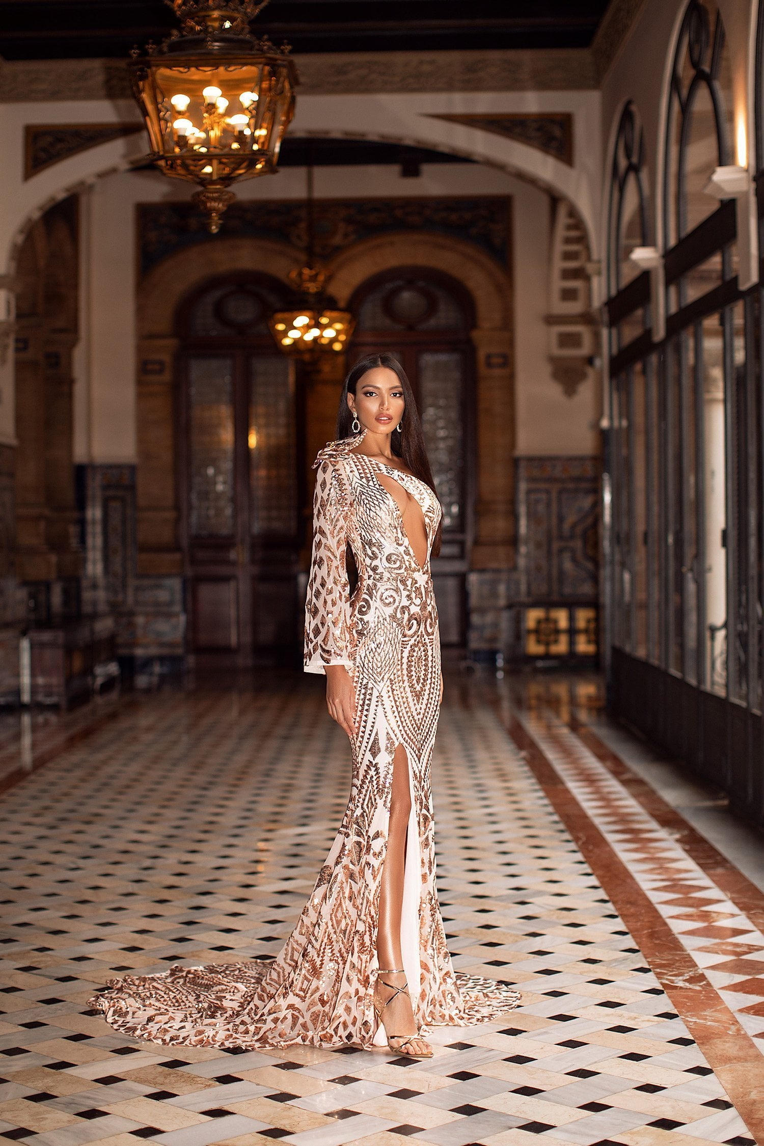 rose gold gowns with sleeves