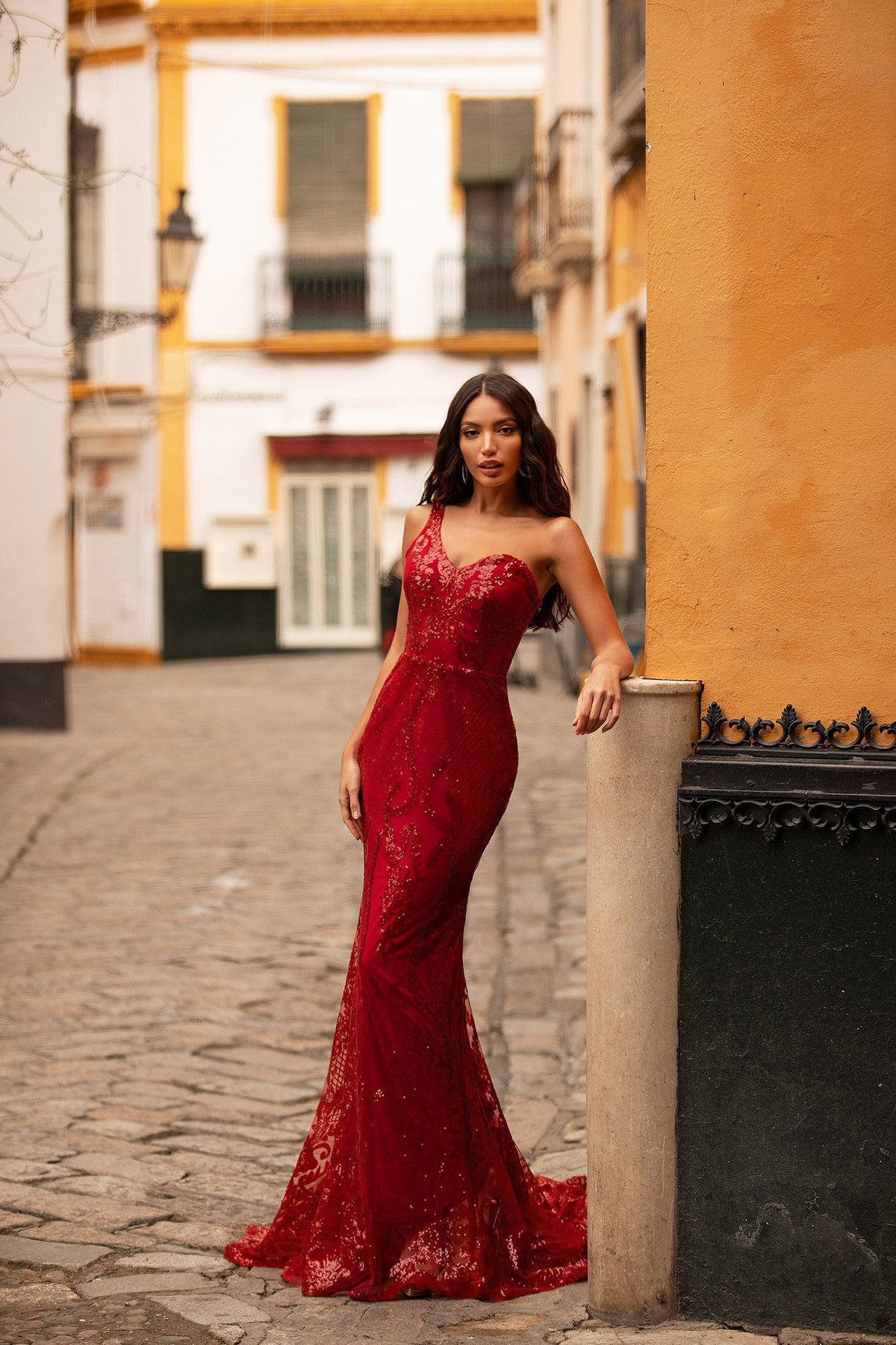 Florencita Deep Red One-Shoulder Gown with Mermaid Train – A&N Luxe