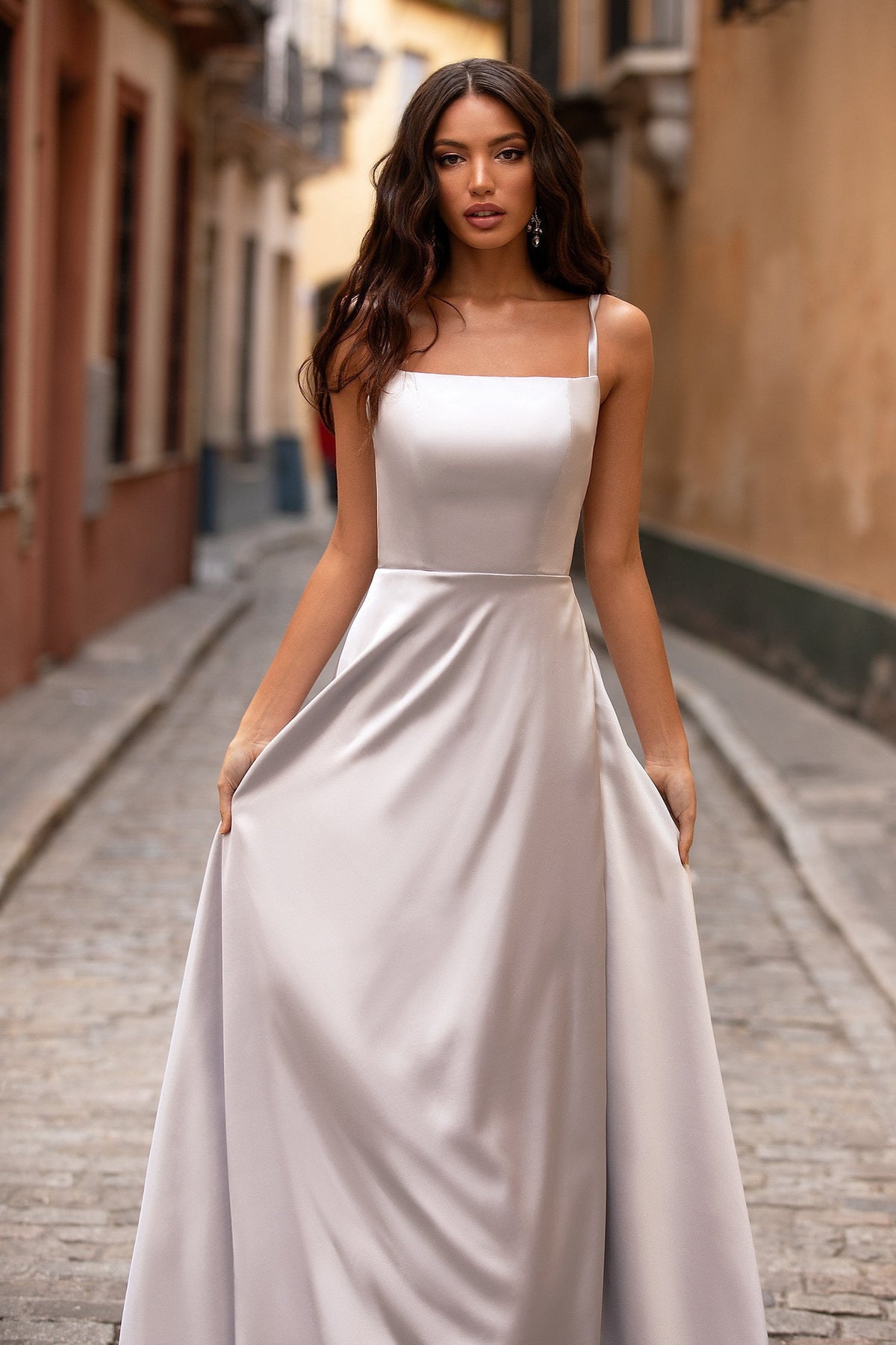 Madia - Ice Grey Satin A-Line Gown with Straight Neckline & Slit – A&N ...