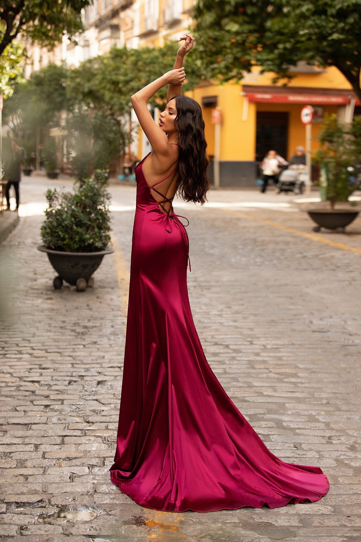 Lusila - Burgundy Satin Gown with Plunge Neck, Slit & Lace-Up Back – A ...