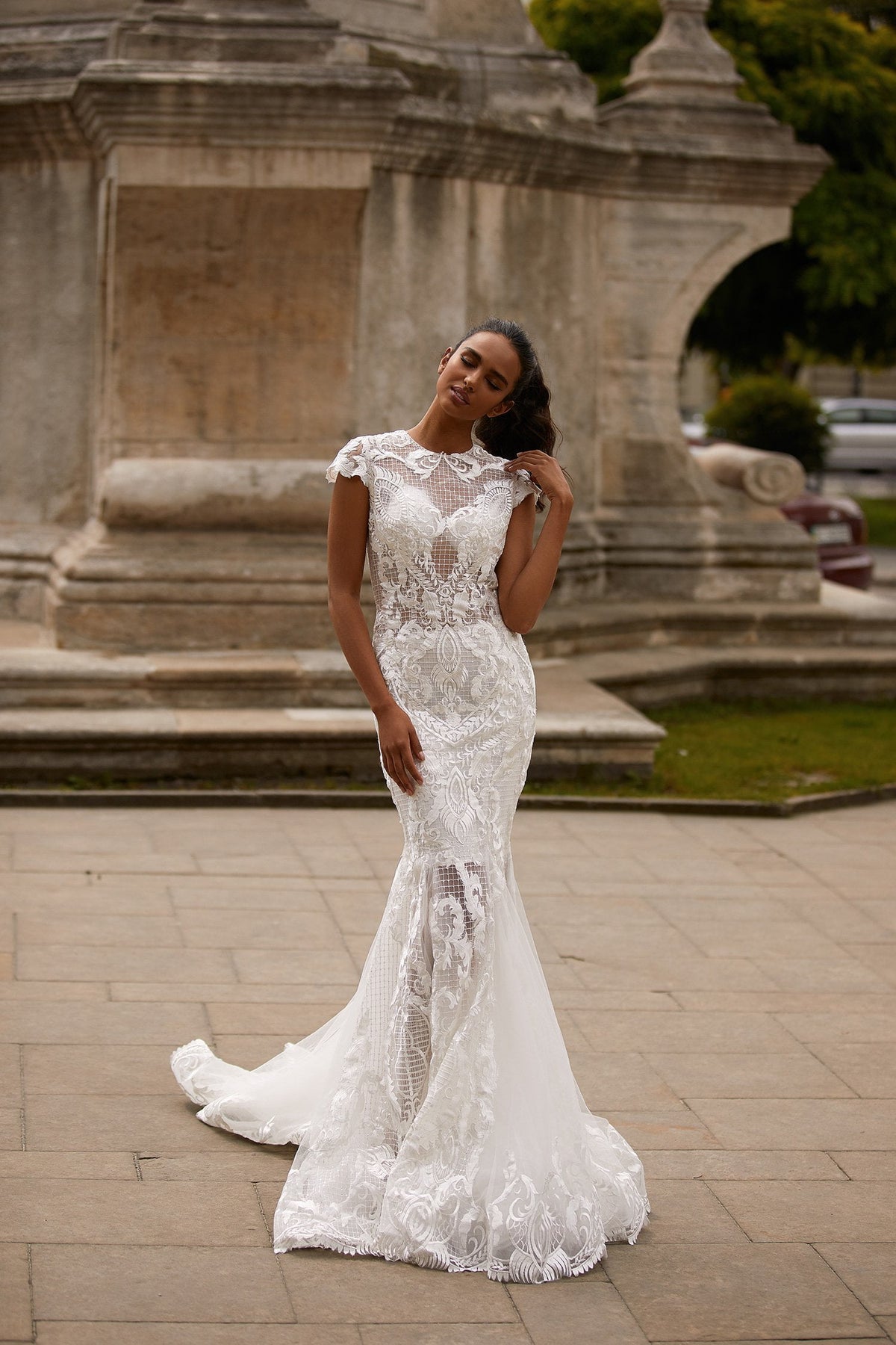 high neck lace mermaid wedding dress