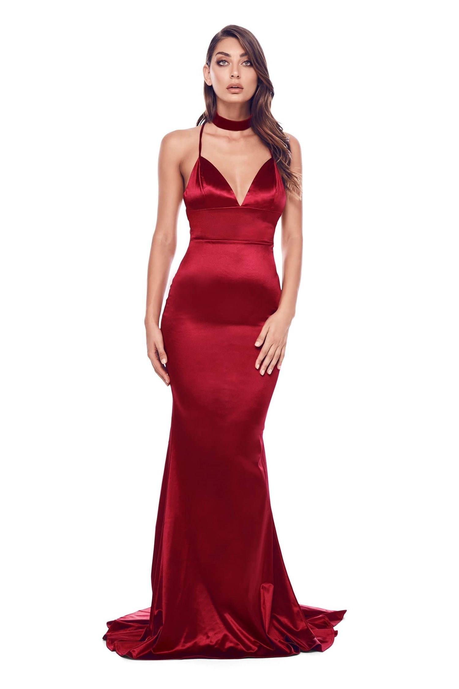 red silky long dress