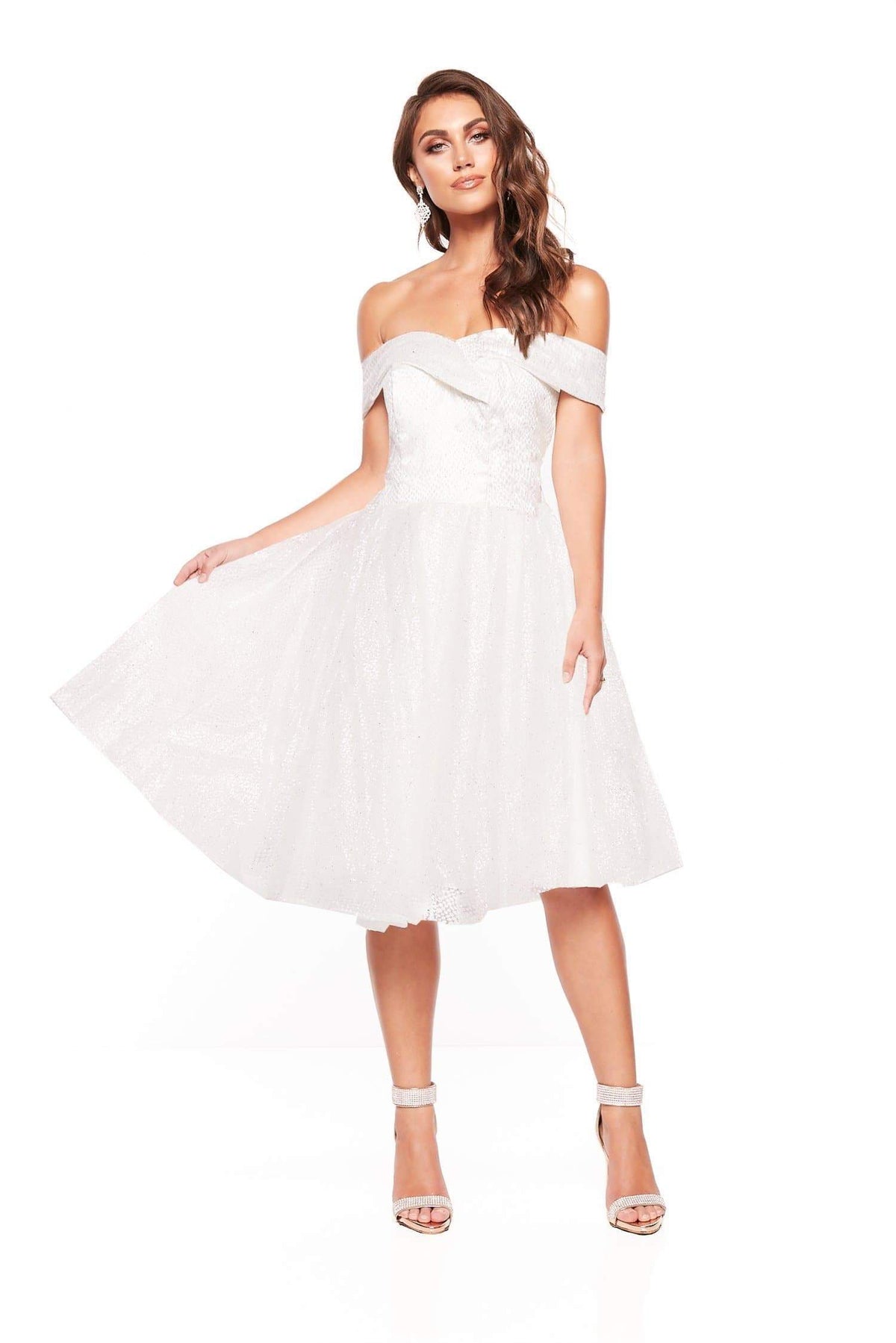 off shoulder midi cocktail dress