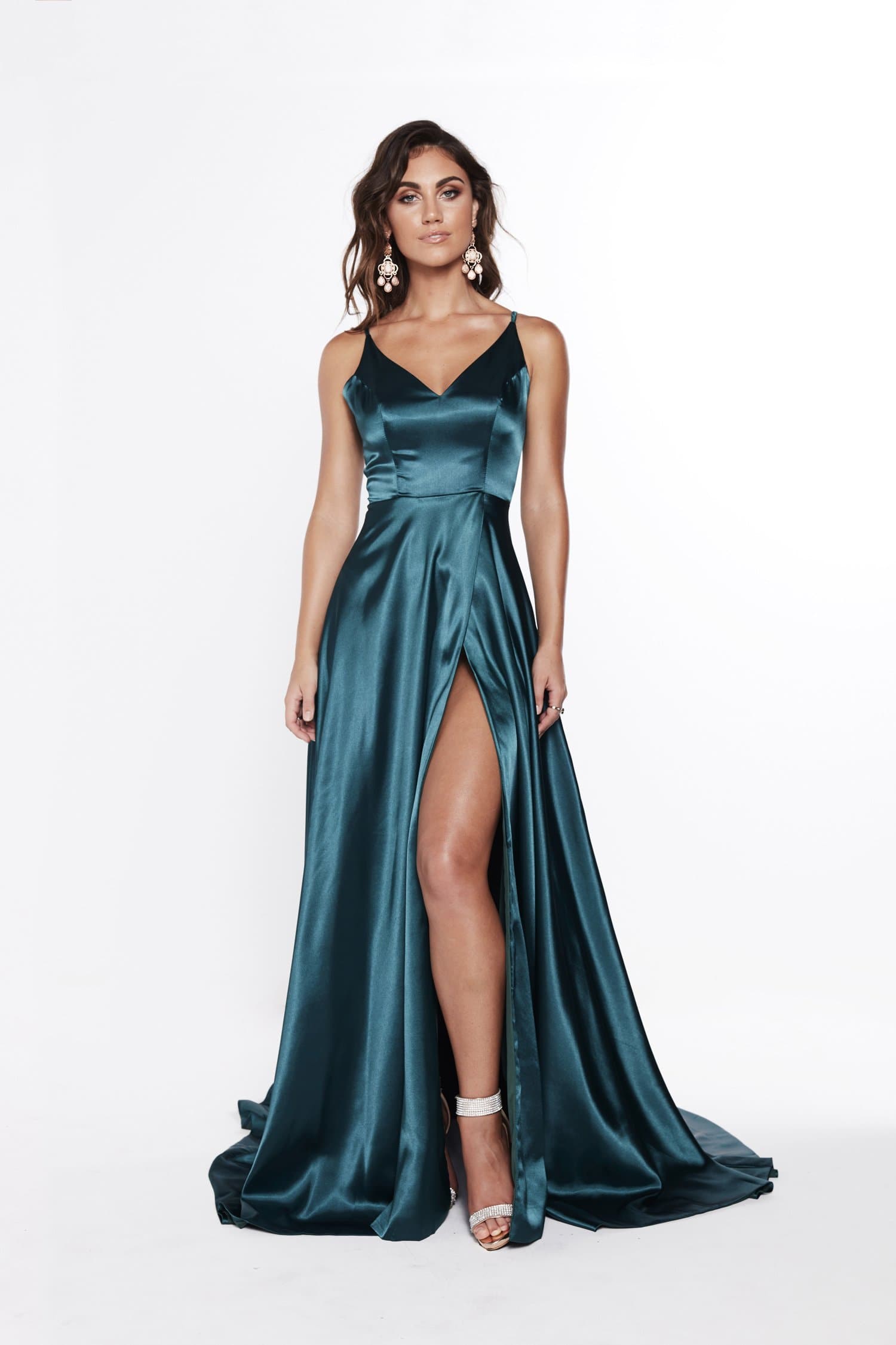 Aandn Lucia Teal Satin Gown With A Line Skirt And Detailed Back Aandn Luxe Label 1079