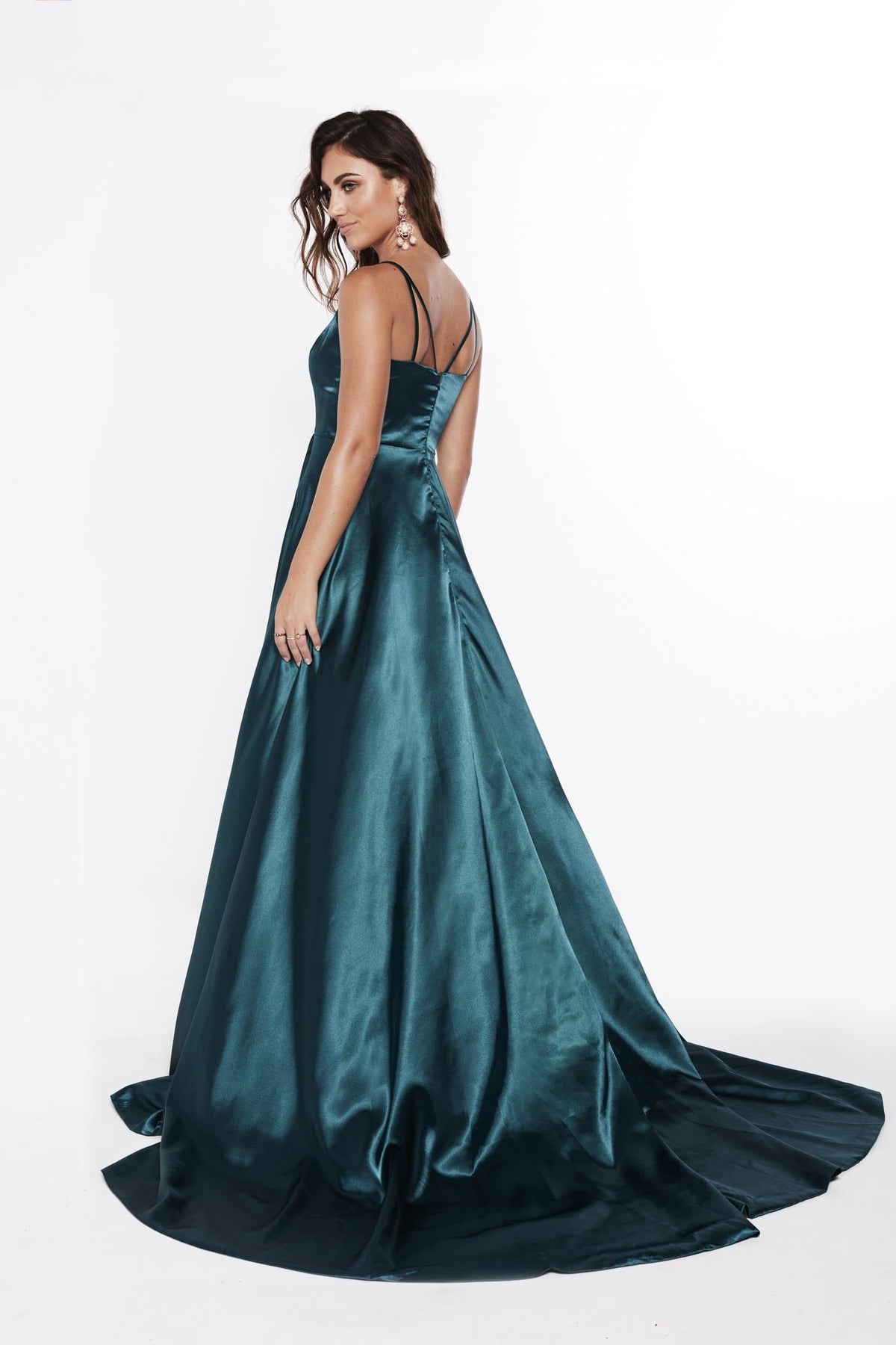 Aandn Lucia Teal Satin Gown With A Line Skirt And Detailed Back Aandn Luxe Label