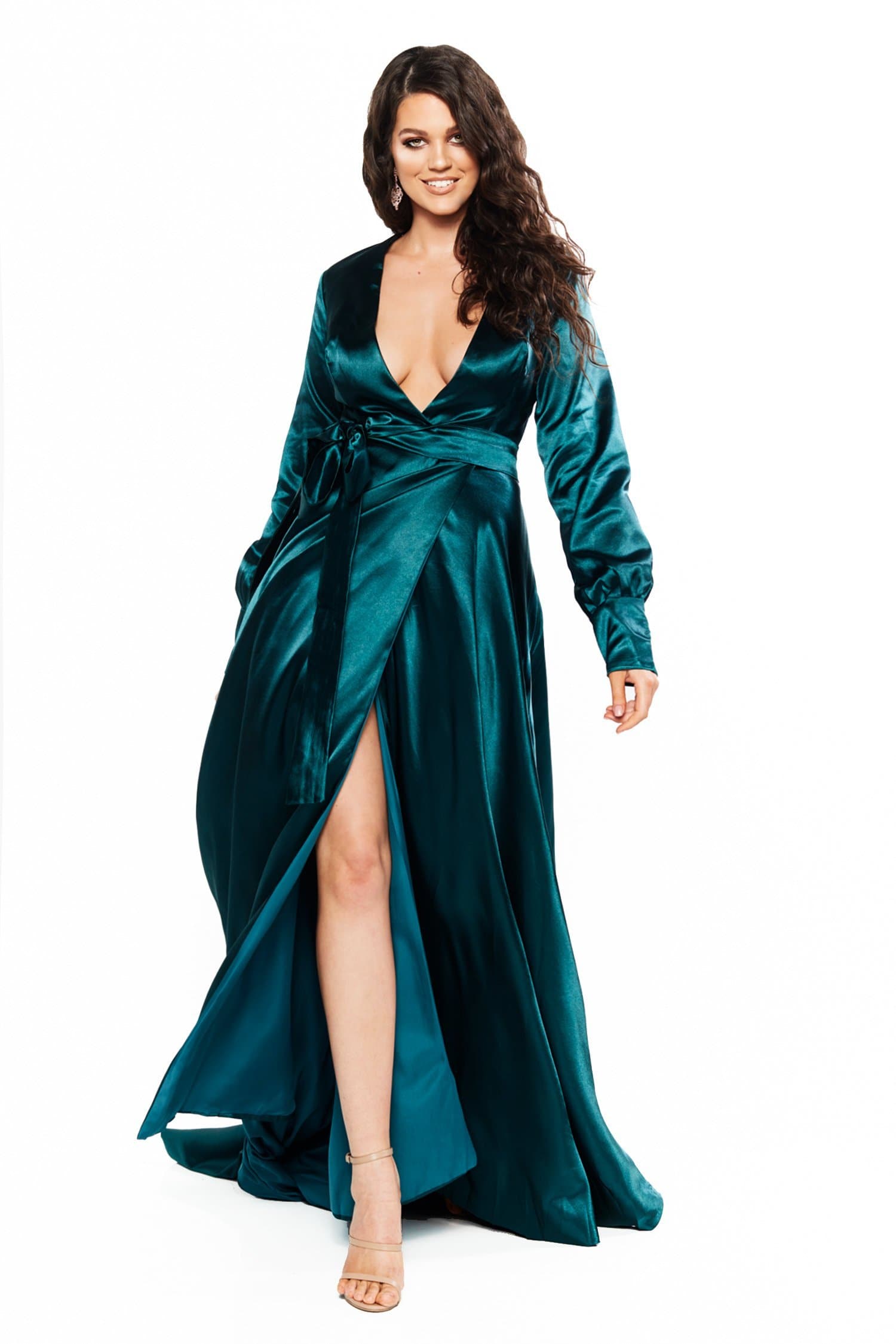 Teal Paloma Satin Long Sleeve Gown with 