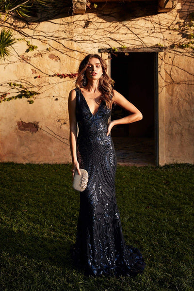 A&N Crown- Navy Sequins Gown with Plunge Neckline and Mermaid Train – A ...