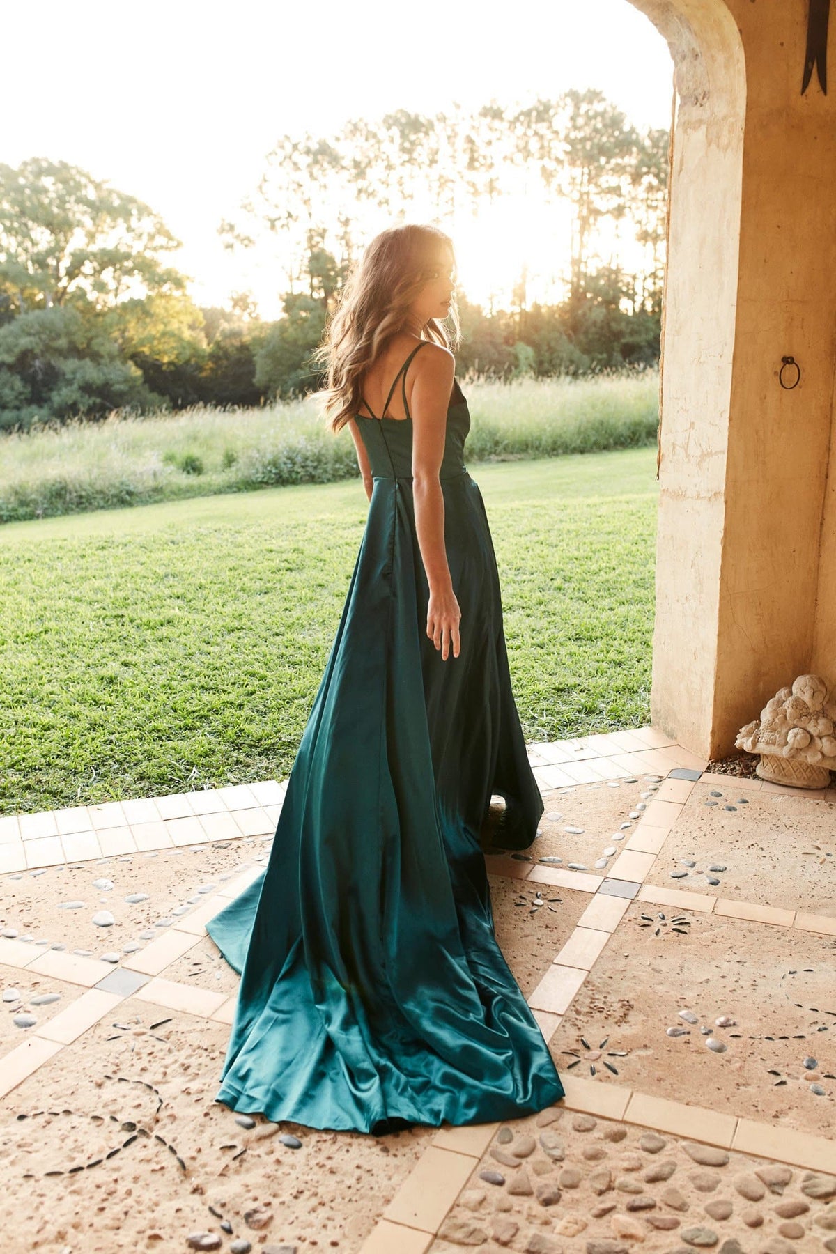 Aandn Lucia Teal Satin Gown With A Line Skirt And Detailed Back Aandn Luxe Label 3208