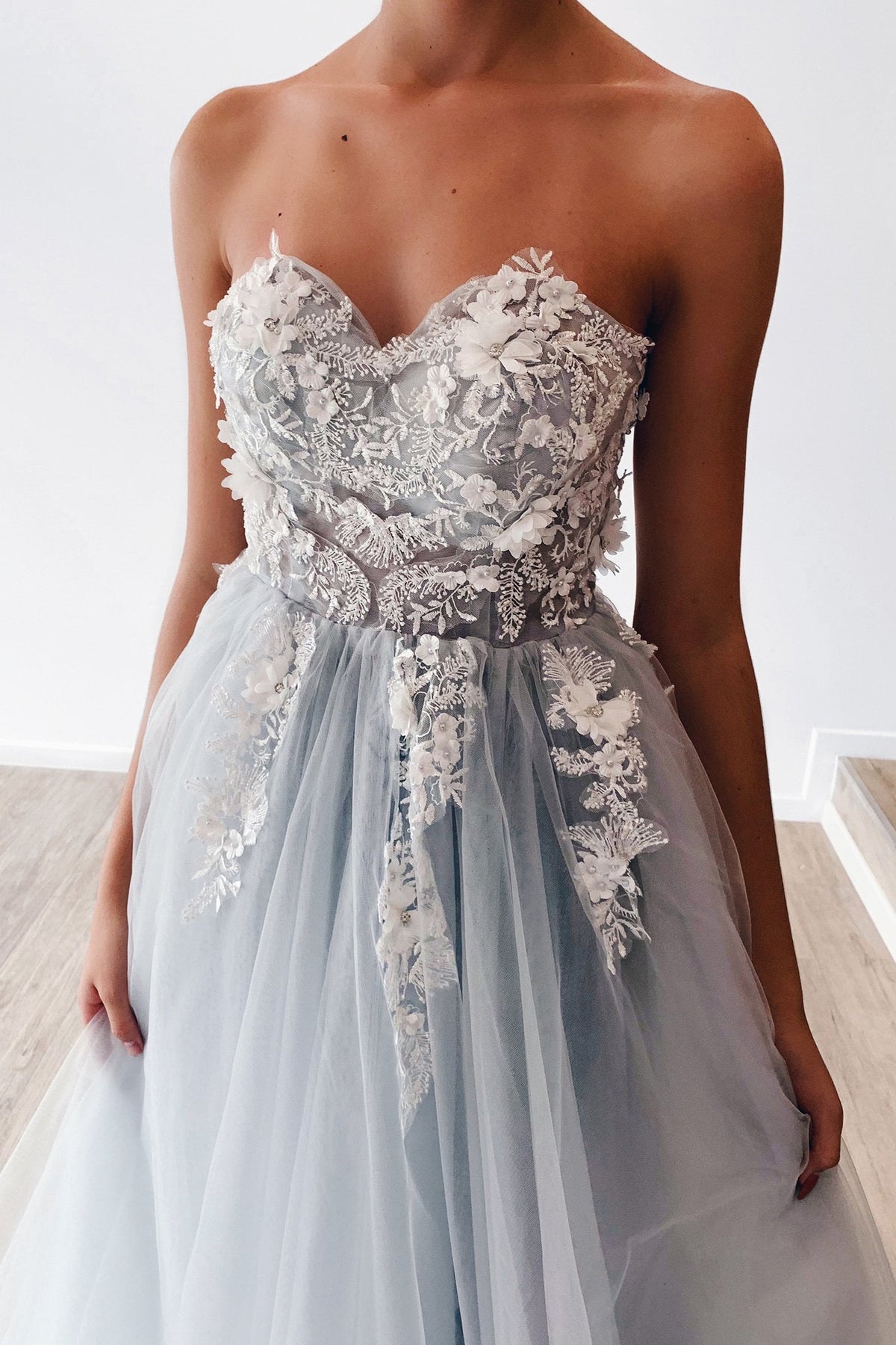 Laurensa - Faded Blue-Grey Floral Beaded Strapless A-Line Tulle Gown ...