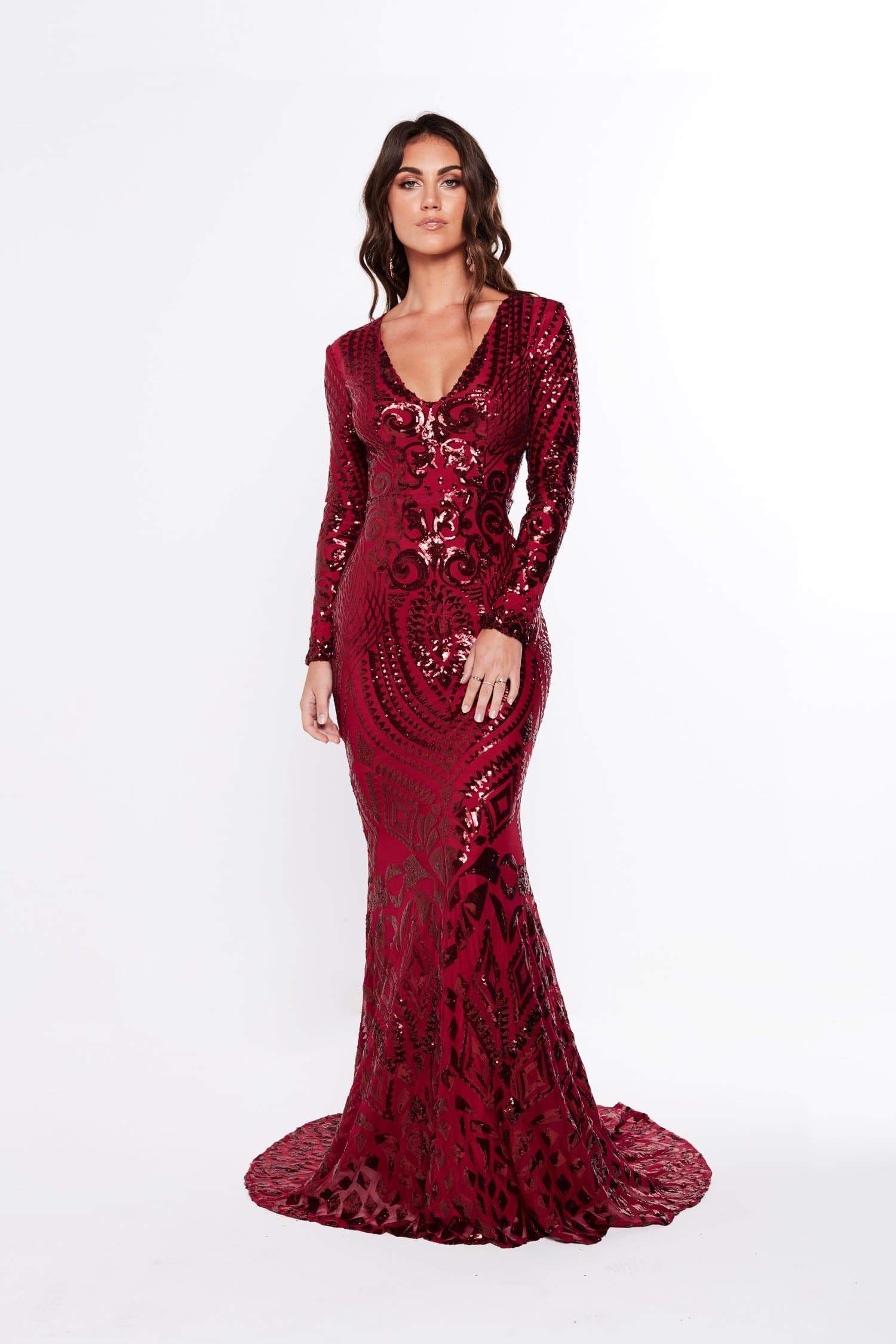 maroon sequin gown