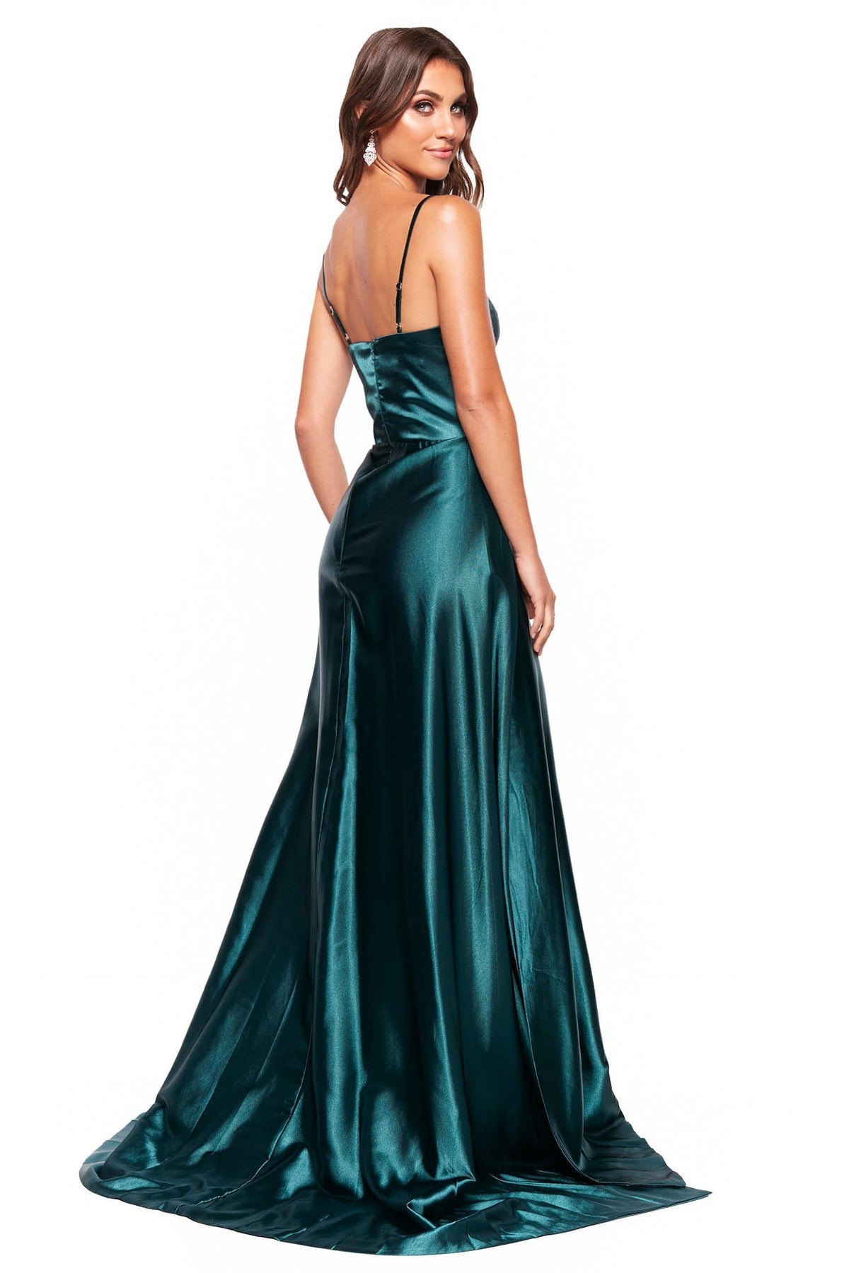 Aandn Vanessa Emerald Satin Gown With Scoop Neck And Slit Aandn Luxe Label 