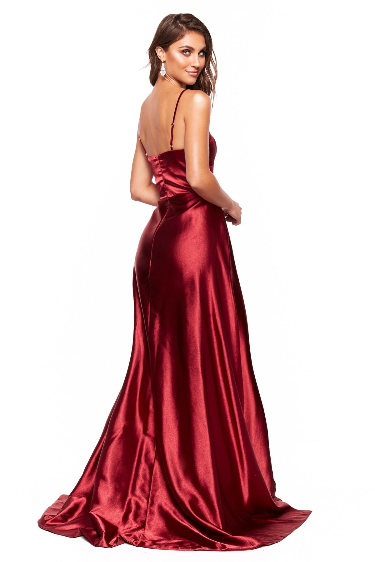 Aandn Luxe Vanessa Burgundy Satin Gown With Scoop Neck And Slit Aandn Luxe Label 