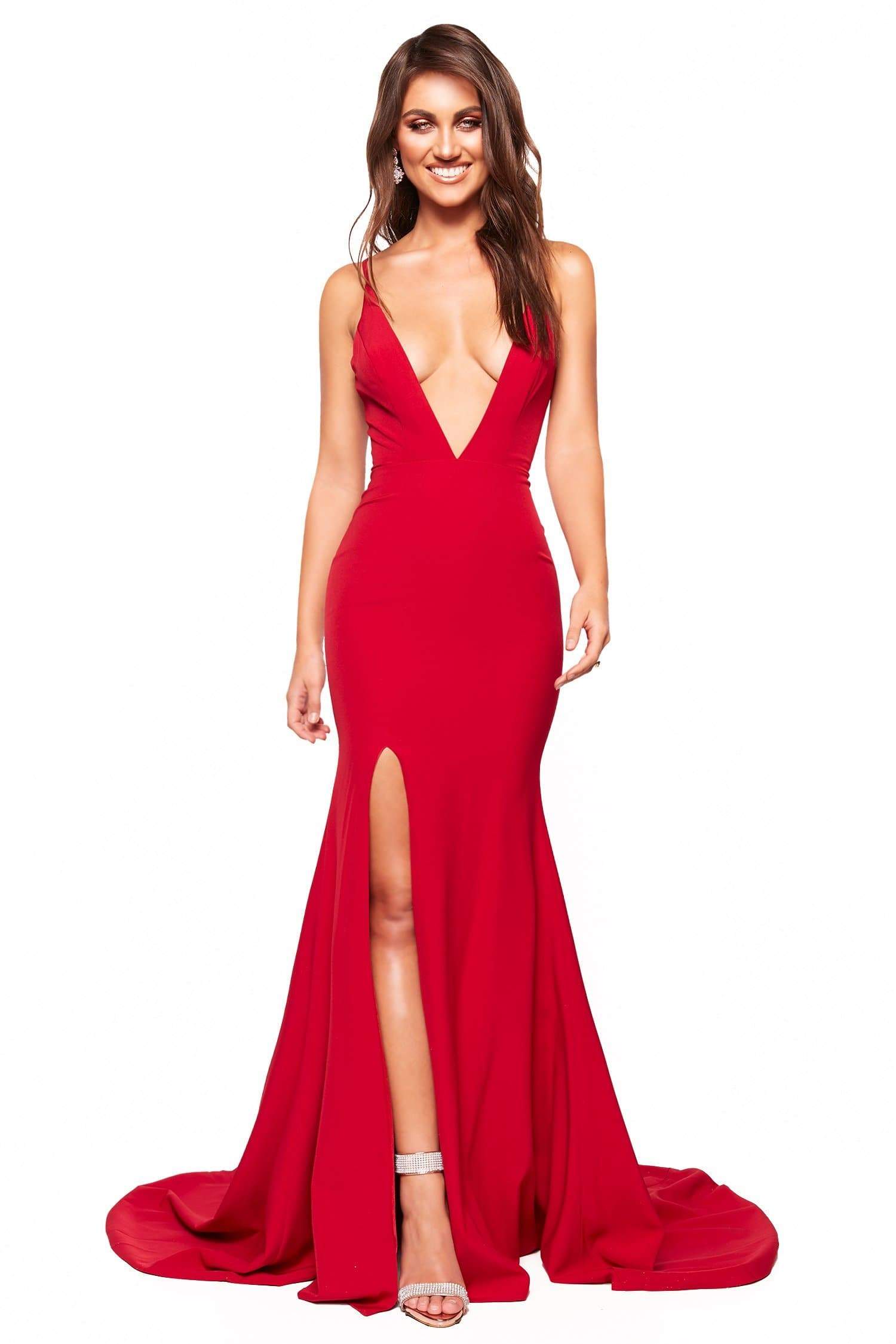 red dress with plunging neckline