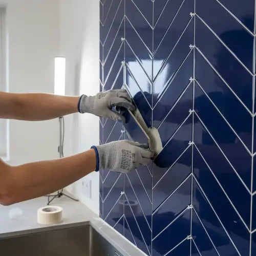 A person installing a blue herringbone tile backsplash.