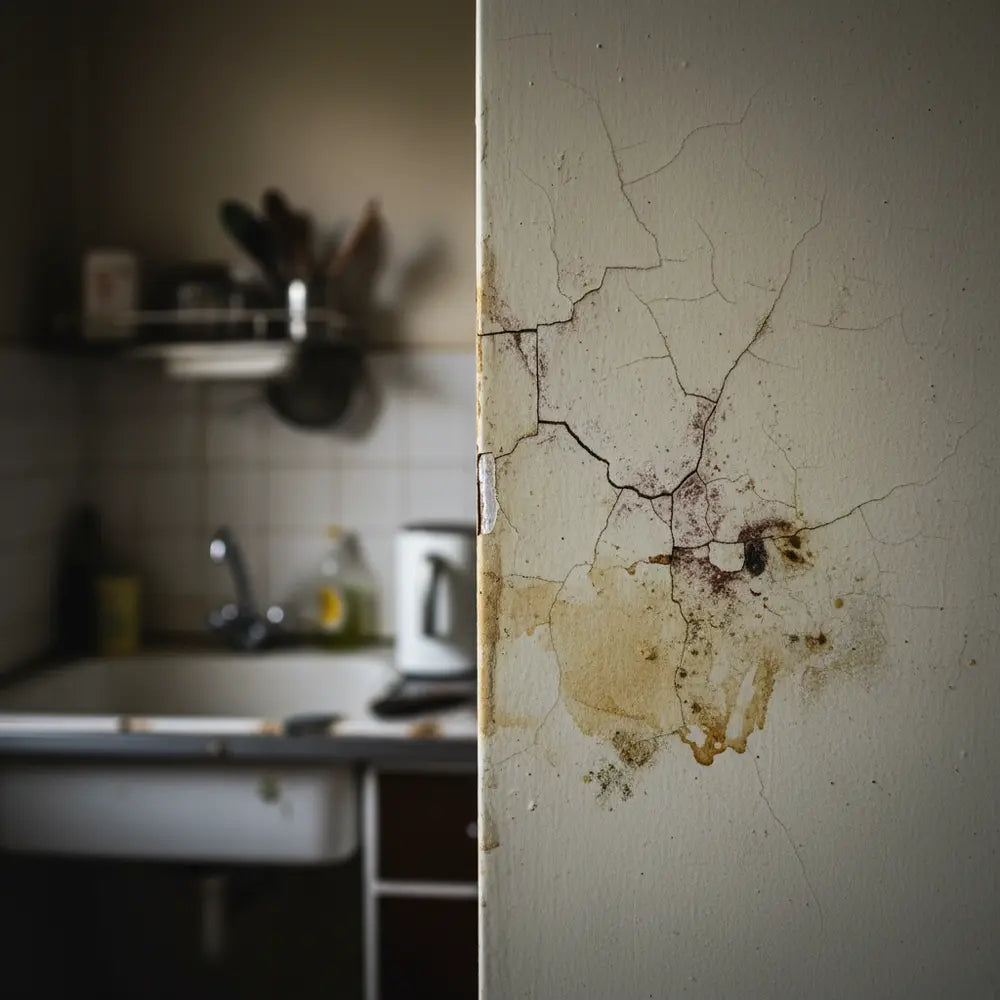 A dated kitchen with plain, uninspired walls.