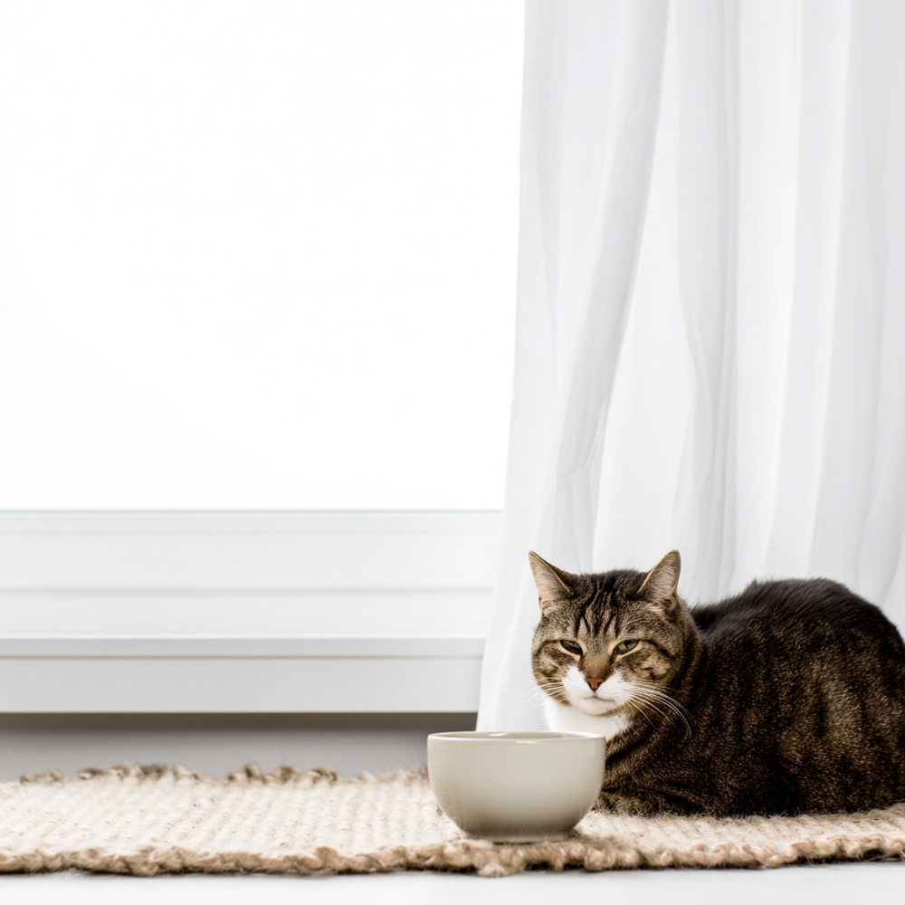 Chat tabby assis à côté d'un bol d'eau sur un tapis tissé devant un rideau blanc.