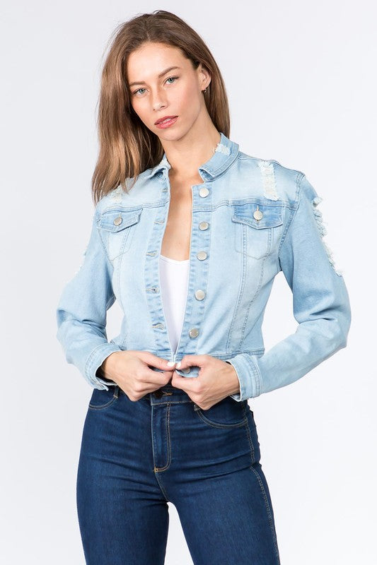 Plus Size Distressed Back Cropped Denim Jacket