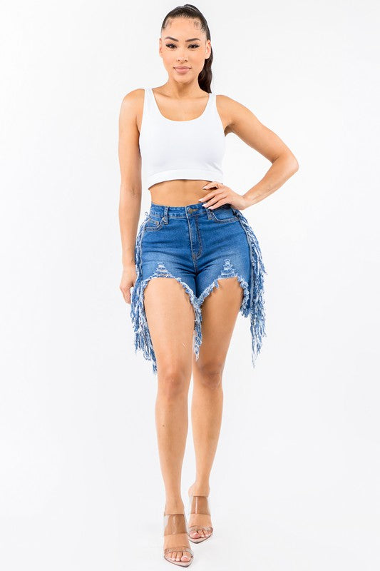 High Waist Cut Out Front Fringe Shorts - Scarvesnthangs