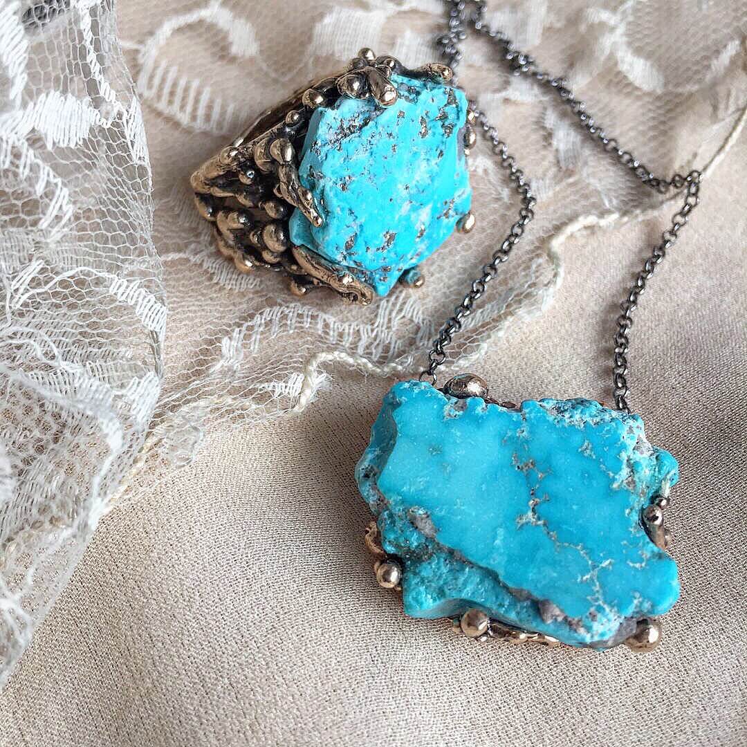 Rough Turquoise Ring and necklace, Giardinoblu unique healing Jewelry