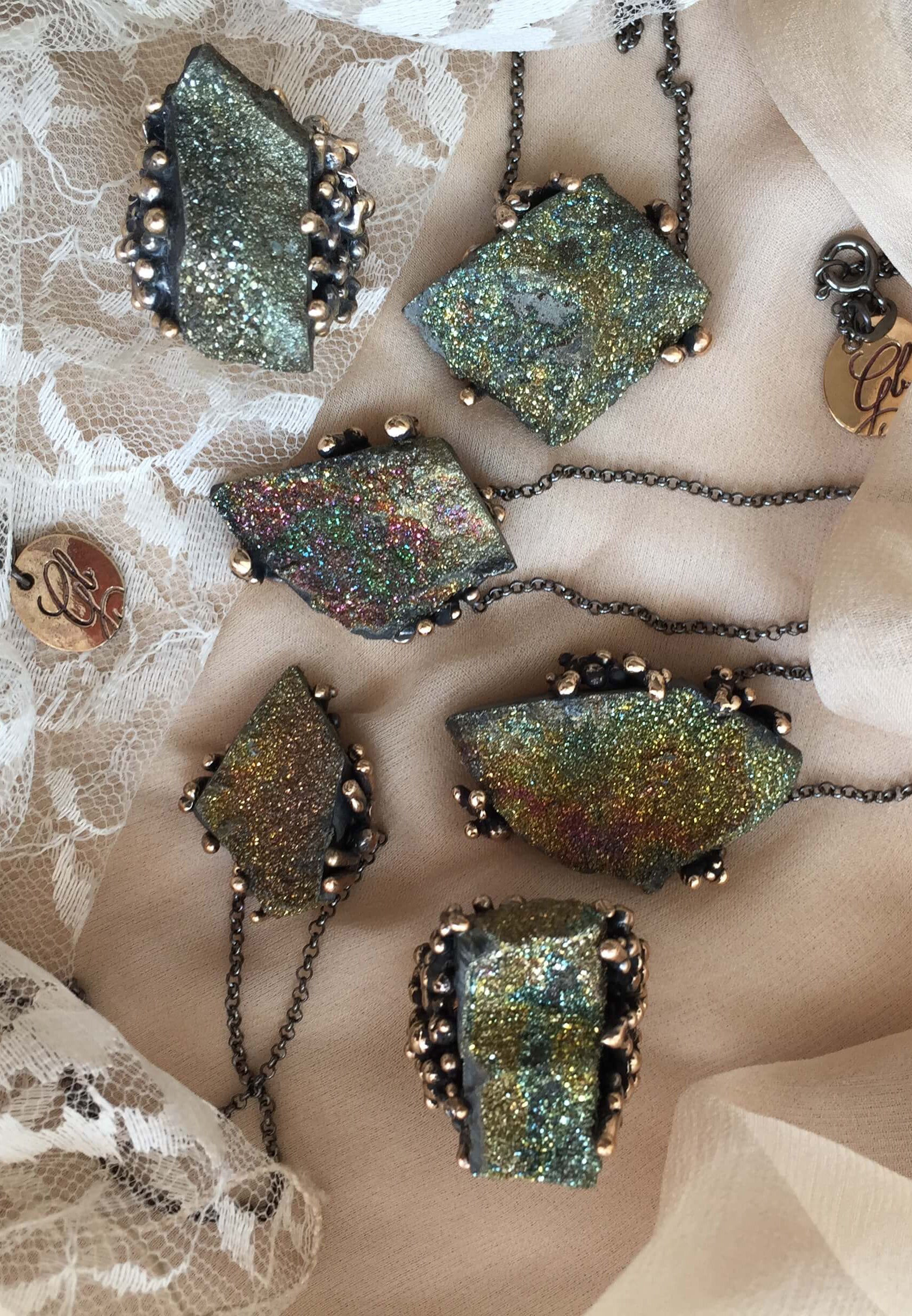 Necklaces and ring with Rainbow Pyrite