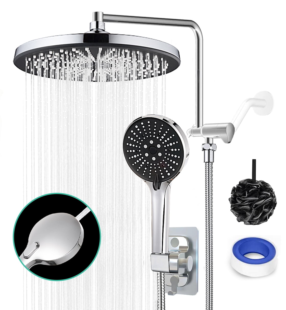 10 Rainfall Shower Head with Handheld Spray 6 Settings High Pressure Shower Head Rainfall Showerhead with Handheld Sprayer + 12 Shower Head Extension Arm,79 Shower Hose, Round Shower Heads