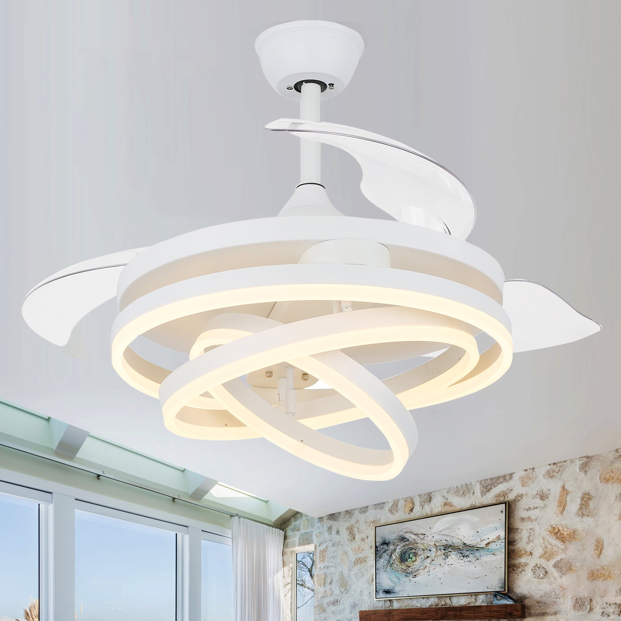 42 White Retractable Ceiling Fan with LED Light and Remote Control , DIY Shape Reversible Ceiling Fan with 6-Speeds