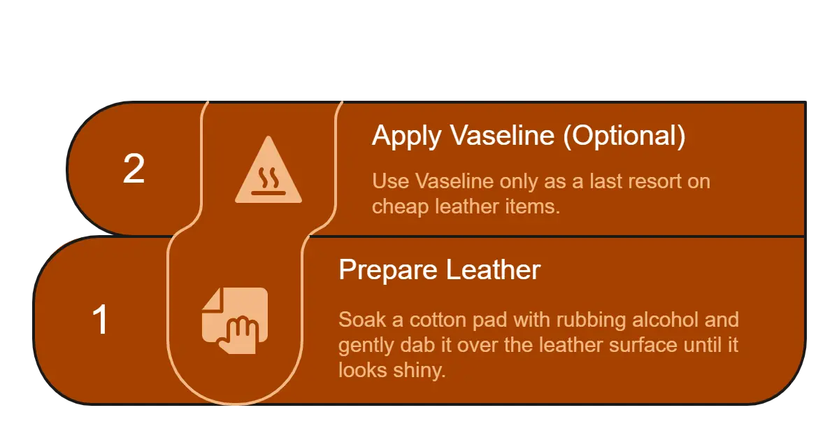Two-step guide for softening leather jackets using alcohol and Vaseline—rub alcohol on leather to loosen stiffness, then optionally apply Vaseline for extra softness on cheap leather items.