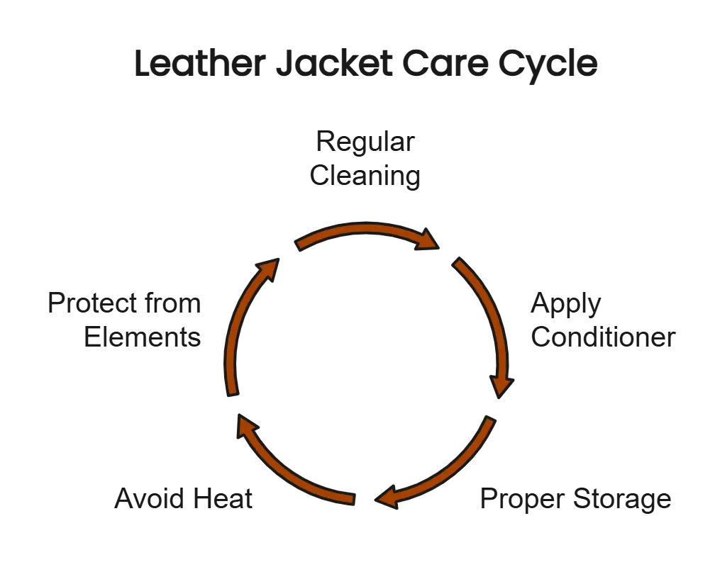 Leather jacket care cycle showing regular cleaning, applying conditioner, proper storage, avoiding heat, and protecting from elements to prevent peeling.