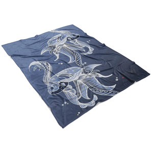 Blue minky blanket with muted toned grumpy fish with beautiful flowing fins laying flat