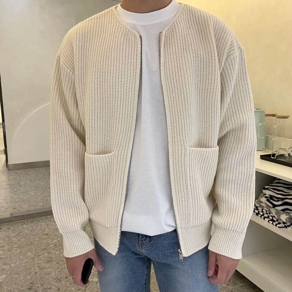 Comfortable Men's Zip Up Knitted Cardigan - Thick Long Sleeve Jumper