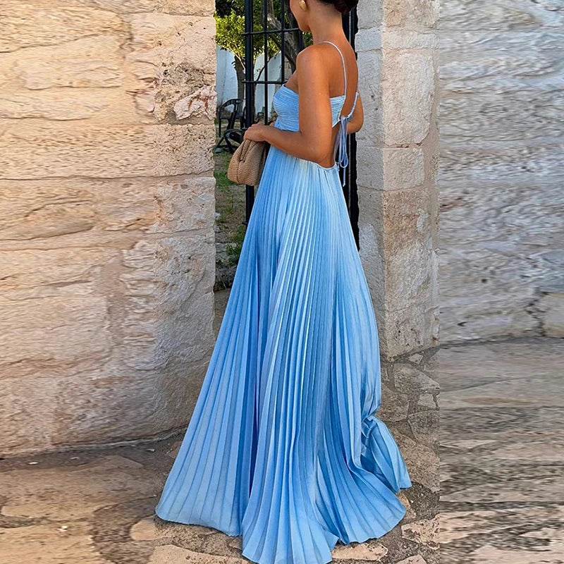 ELSVIOSE Blue High Waist Pleats Dress - Sexy Halter Summer Style